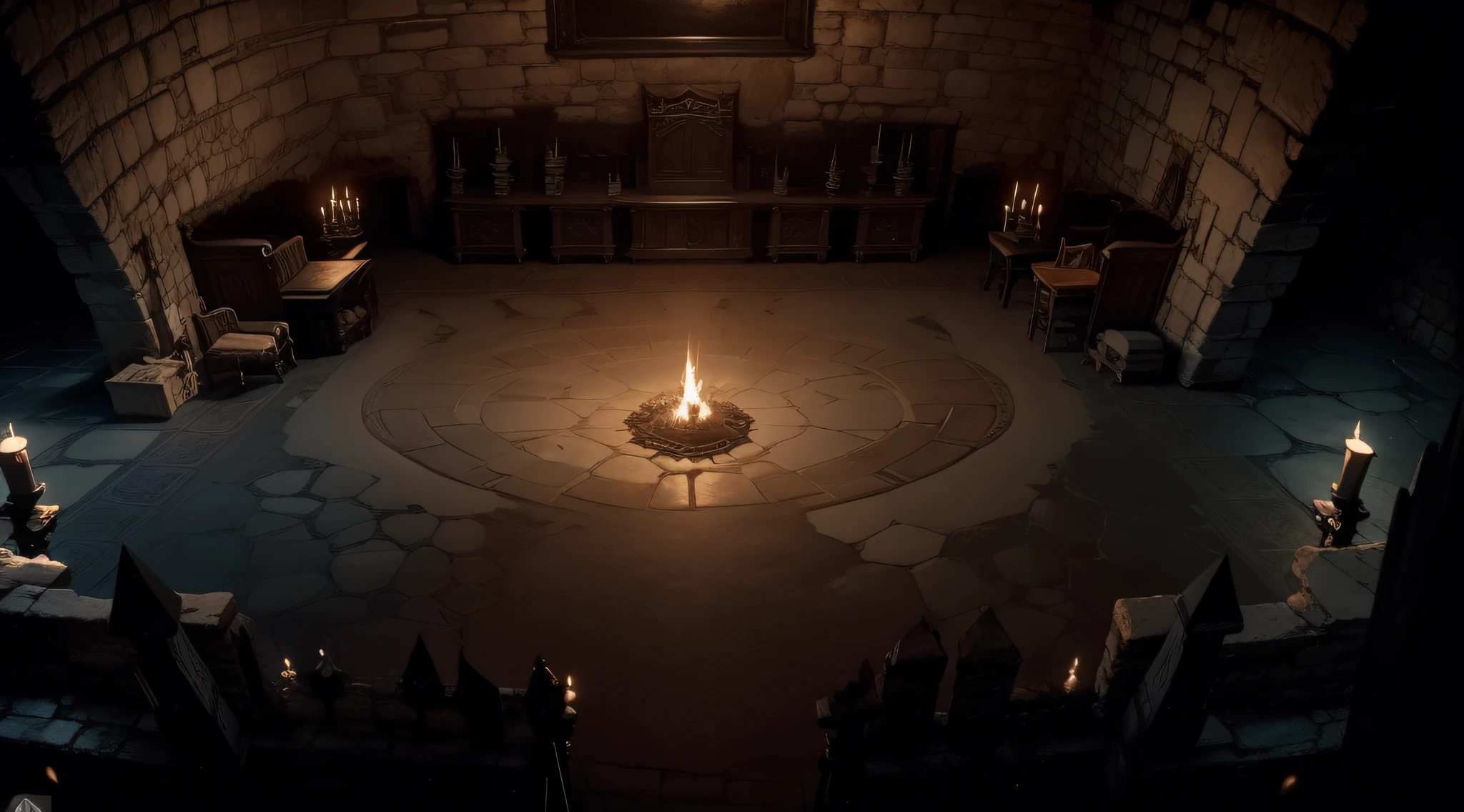 castle room with melting candle on the walls, rpg scenery map, top veiw, dark, low lighting, realistic art