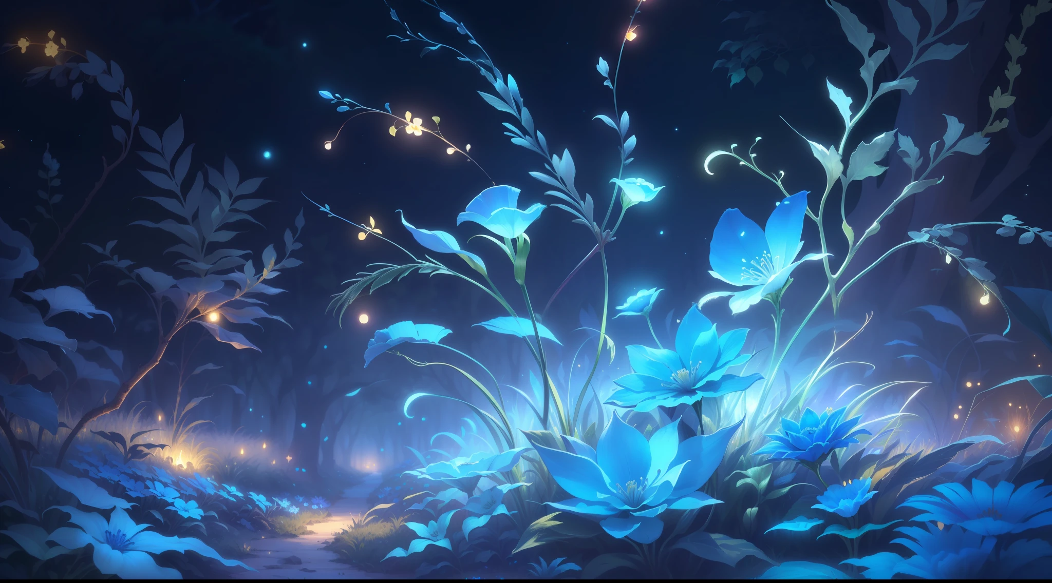 There are many blue flowers in the grass，Algumas luzes, fantasy magical vegetation, plantas brilhantes, plantas brilhantes, rodopiando plantas marinhas brilhantes, 4 k hd wallpaper muito detalhado, magical forest with fireflies, flores luminosas, magic background, magical forest backround, Arte digital altamente detalhada em 4k, 8k hd papel de parede arte digital, plantas bioluminescentes