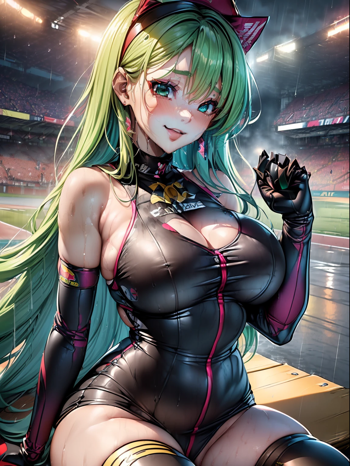 ((full bodyesbian):2) (({Only one woman}:1.2):{((Wearing a red Formula 1 jersey)1.2), ((Long blue hair that falls to her shoulders, Bright green eyes) 1.3), ((Do erotic poses in clothes that are open to them, looking at viewert, ssmile):1.3), ((ultra huge breasts):1.2)}, \n (({The Hippoldromia of Formula 1, is night, very heavy rain, several people are in the stands}):1.3), anime big breast, Anime style, 16k, ((Best quality, high detal):1.4), tmasterpiece, hyper HD
