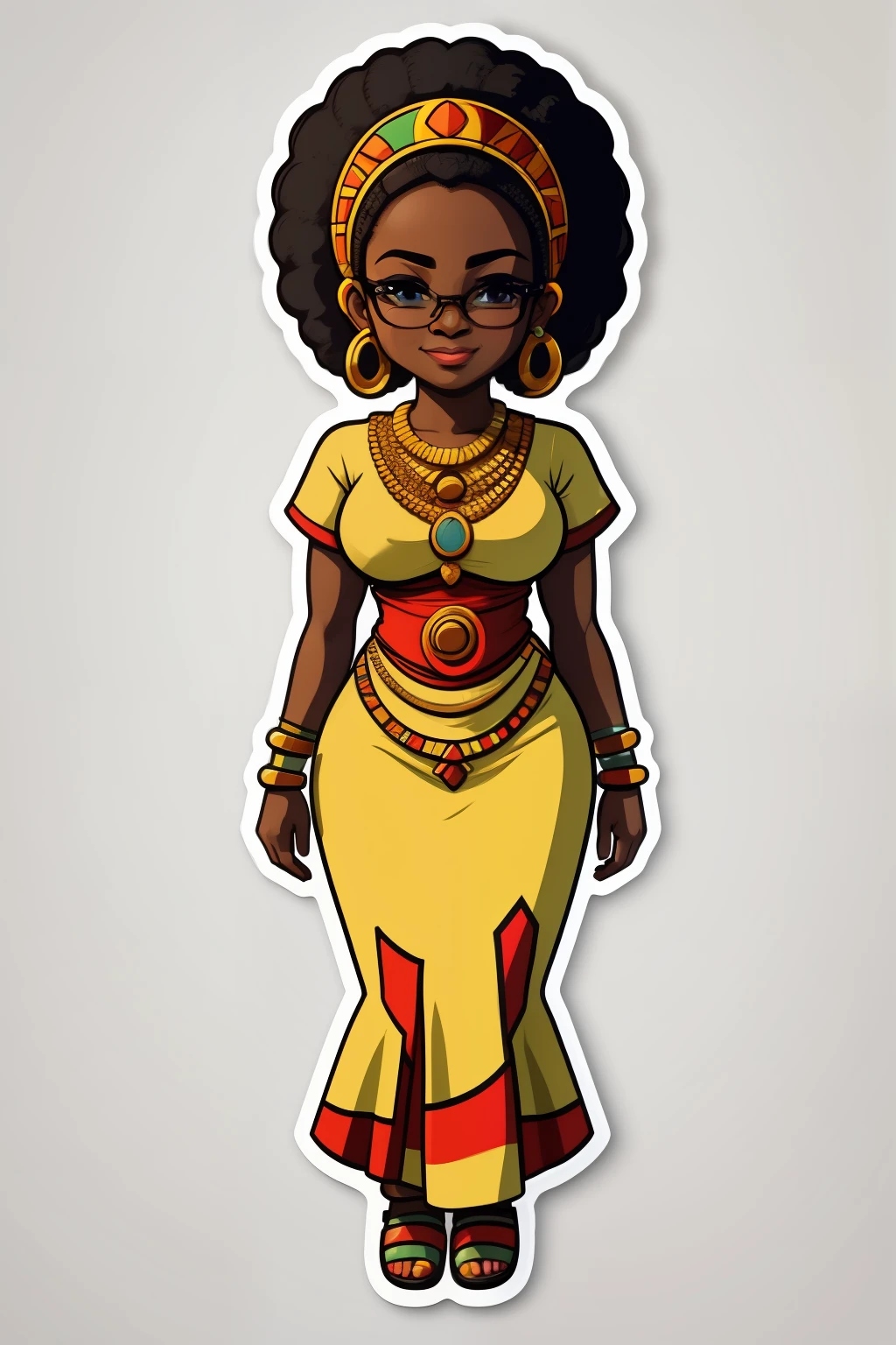 sticker sheet art, cartoon, icon,  African woman in Ankara dress, white background, no background, Illustration, 4K, Vector,  sharp focus, deep detailed, 4K resolution