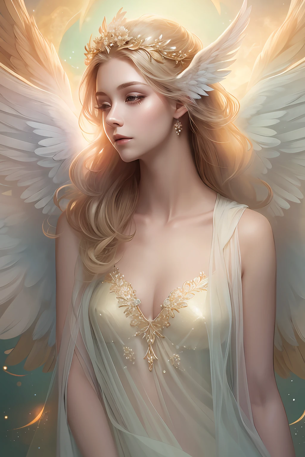 An angel is depicted with a pale and luminous complexion, their skin seemingly glowing with an otherworldly radiance. They are adorned with a pair of sparkling and graceful wings, symbolizing their divine nature. The scene is ethereal and enchanting, capturing the beauty and mystery of these celestial beings. angel, pale, luminous, complexion, glowing, otherworldly, radiance, sparkling, graceful, wings, divine, ethereal, enchanting, beauty, mystery.upper body,