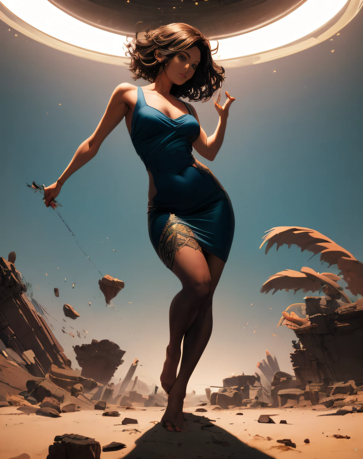 masterpiece, 1girl modelshoot, full body pose, cinematic, dramatic, super detailed and intricate, by koson ohara, by darwyn cooke, by greg rutkowski, by satoshi kon, by greg tocchini, by kaethe butcher, by ashley wood, dynamic lighting, gradient light blue, brown, blonde