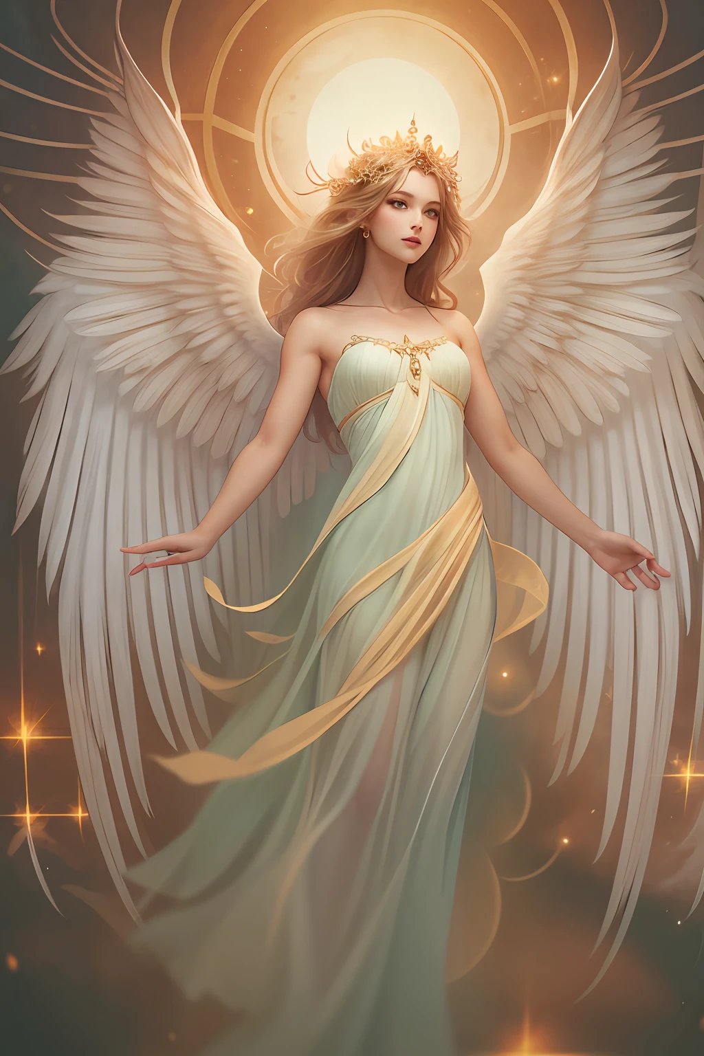An angel is depicted with a pale and luminous complexion, their skin seemingly glowing with an otherworldly radiance. They are adorned with a pair of sparkling and graceful wings, symbolizing their divine nature. The scene is ethereal and enchanting, capturing the beauty and mystery of these celestial beings. angel, pale, luminous, complexion, glowing, otherworldly, radiance, sparkling, graceful, wings, divine, ethereal, enchanting, beauty, mystery.upper body,