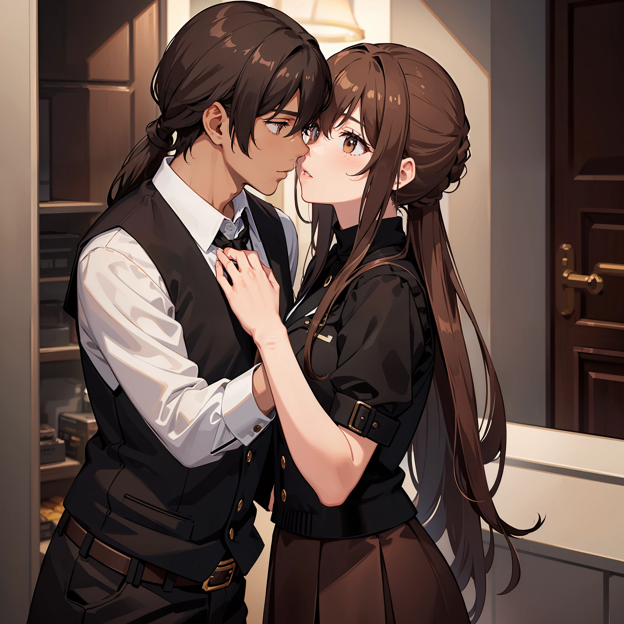 Masterpiece, Best quality, A high resolution, A high school girl wears a long ponytail，Chocolate colored hair，Wearing a black vest，Brown coat，Short brown skirt，Kissing a brown-haired boy