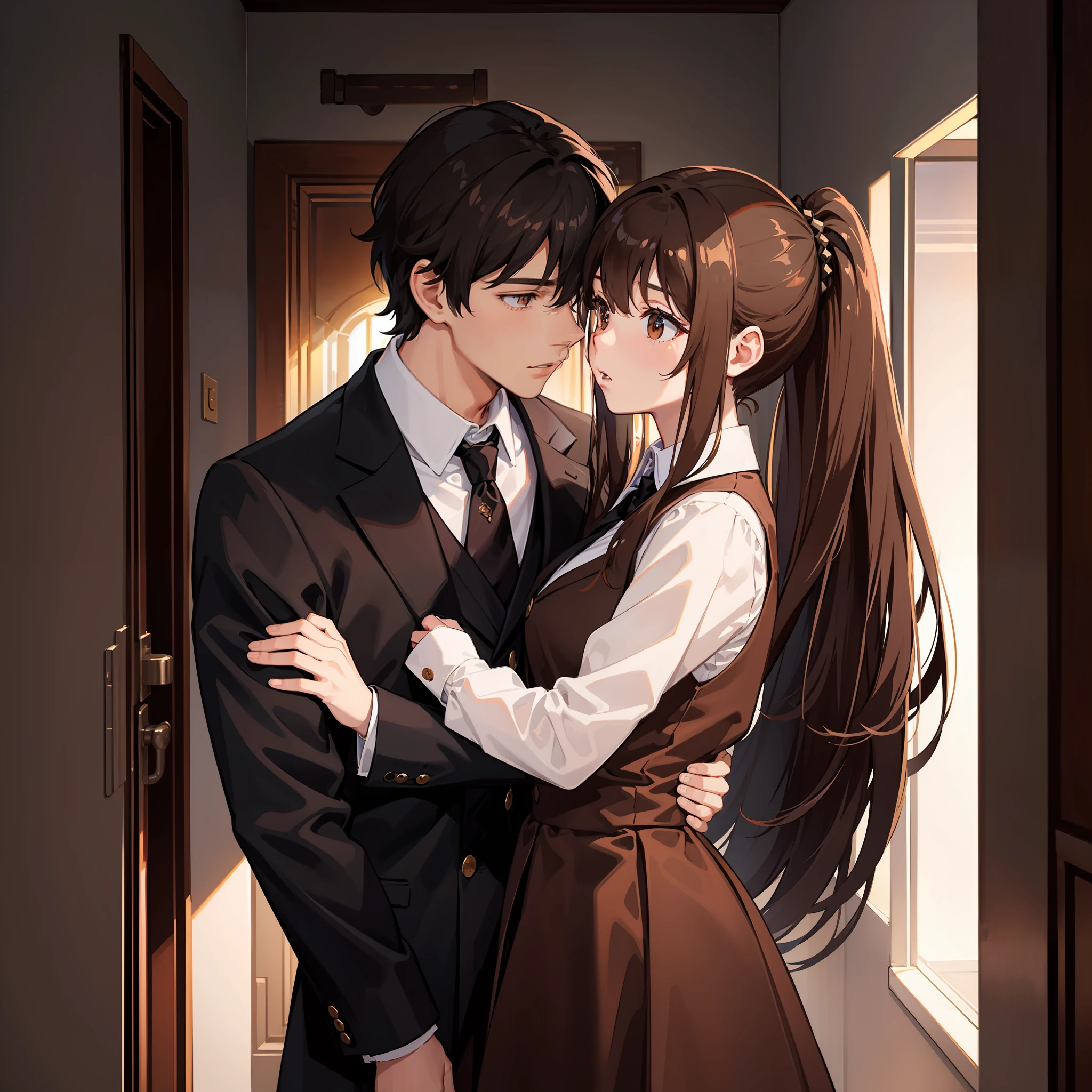 Masterpiece, Best quality, A high resolution, A high school girl wears a long ponytail,Chocolate colored hair,Wearing a black vest,Brown coat,Short brown skirt,Kissing a brown-haired boy