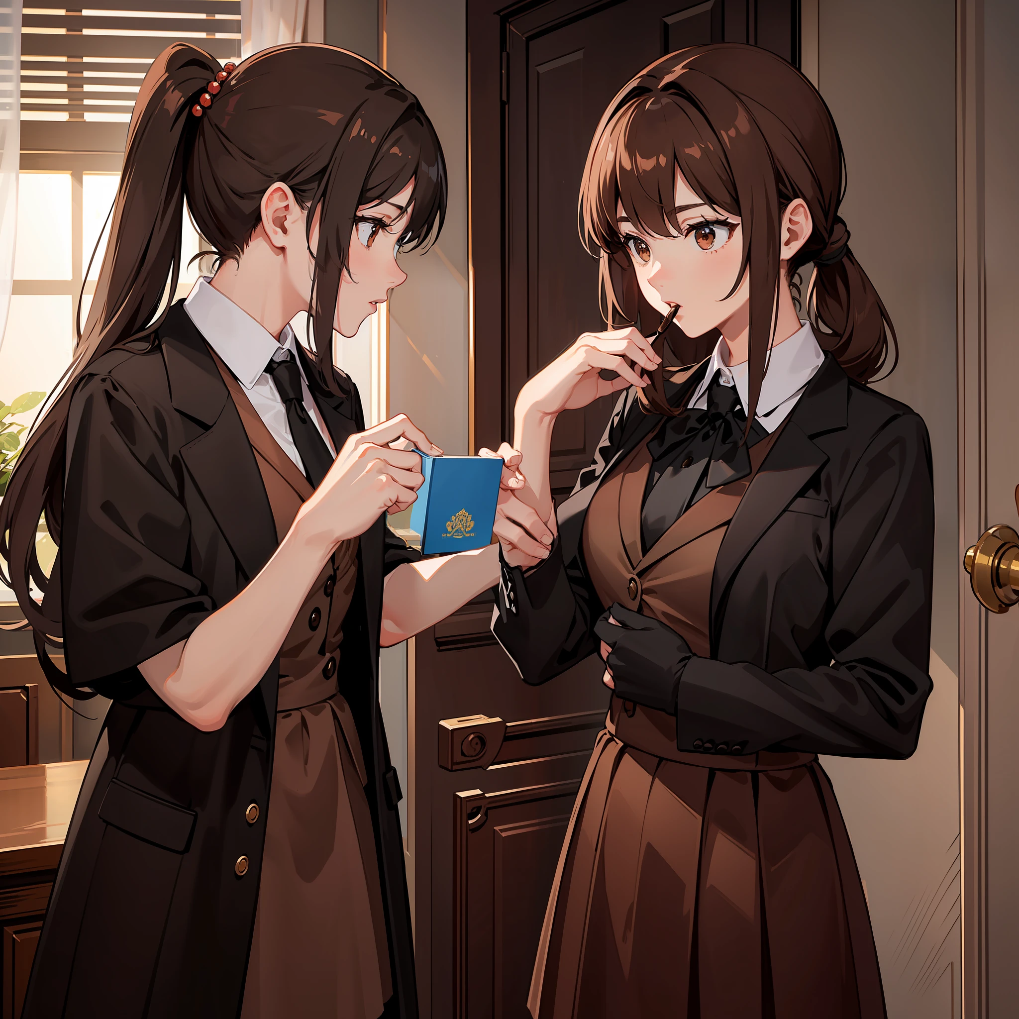 Masterpiece, Best quality, A high resolution, A high school girl wears a long ponytail,Chocolate colored hair,Wearing a black vest,Brown coat,Short brown skirt,Kissing a brown-haired boy
