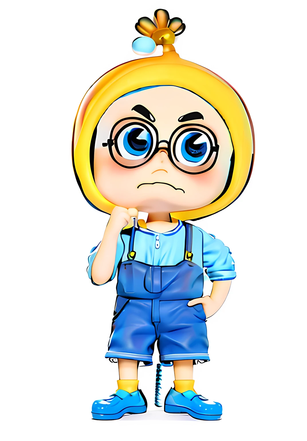 Cartoon boy holding toothbrush in glasses and overalls, Cute cartoon character, morty from rick and morty, nerd emoji, little angry girl with blue hair, confused facial expression, Confused expression, boy with neutral face, frowning expression, mind character, avatar with a blond hair, Bored expression, nerd man character portrait, sad exasperated expression, Frowning，3Drenderingof，Output details，3D texture，8K，natural soft light，k hd，