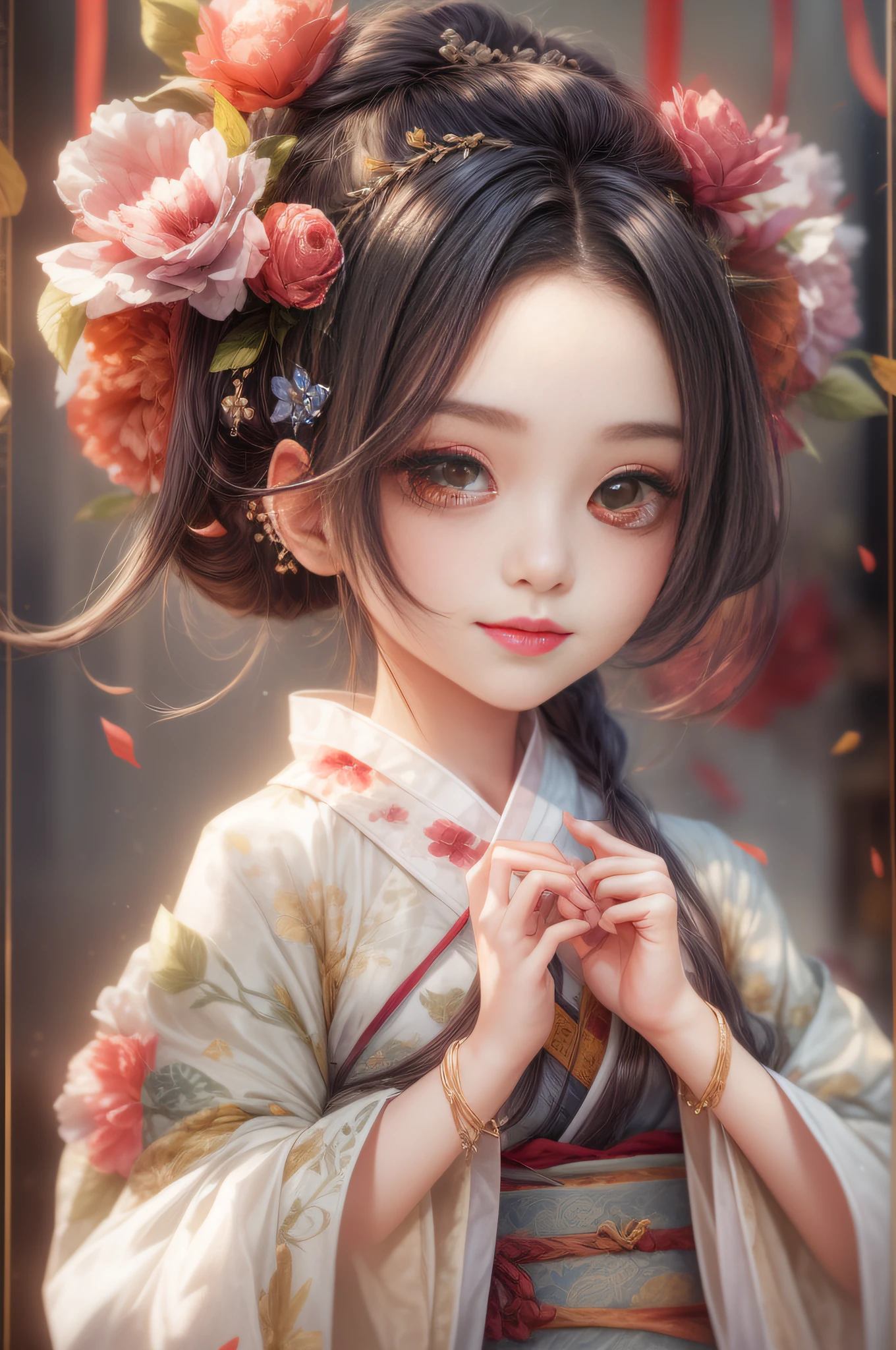 Movie Angle,(Cute girls,anatomy correct,full bodyesbian,Masterpiece camellia,Masterpiece Hanfu,ssmile),(illustratio,paper art,3Drenderingof),(plethora of colors,Best quality,high detal,tmasterpiece,Cinematic lighting effects,4K,Chiaroscuro)