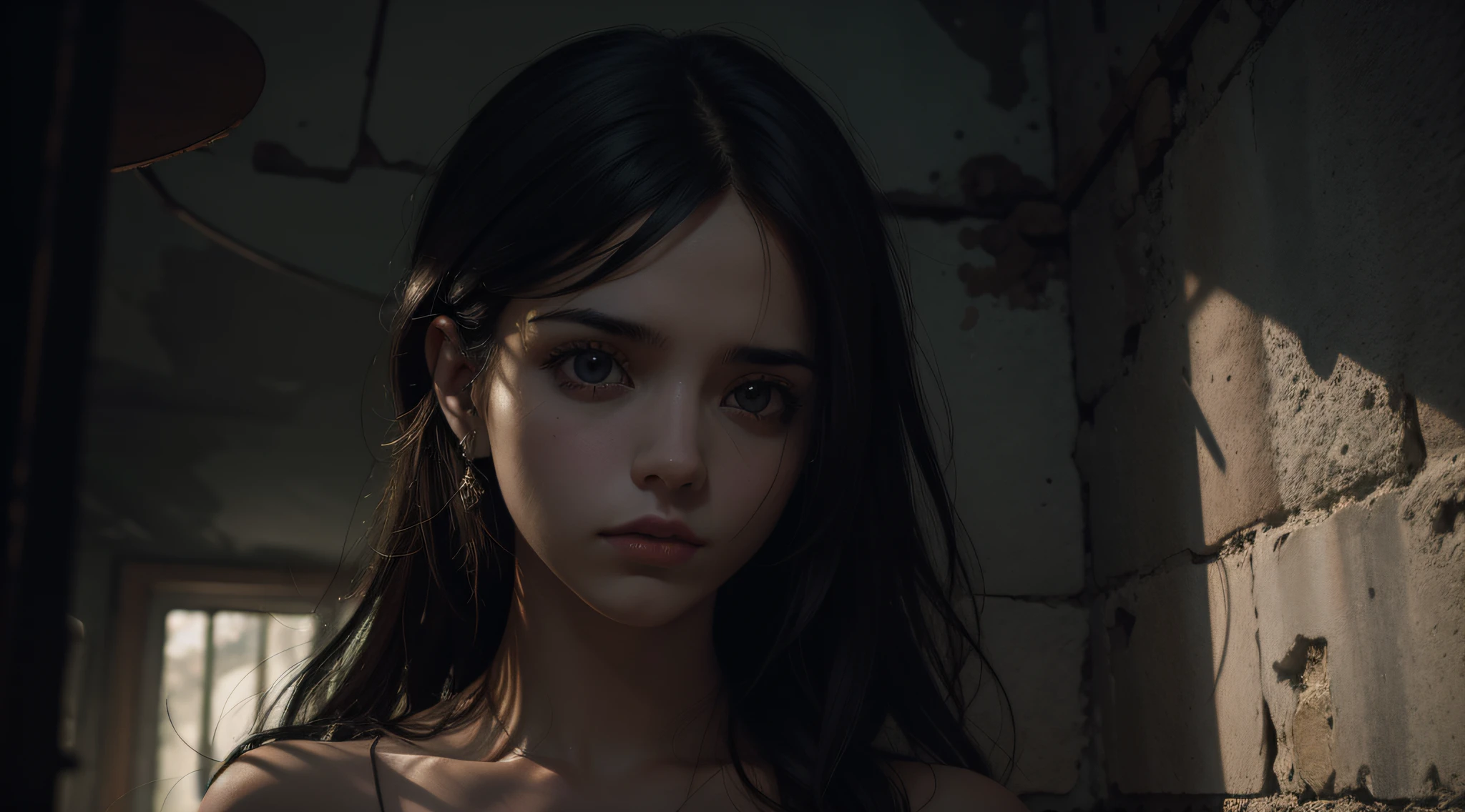 Arte oficial, Unity 8K Wallpaper, Ultra detallado, Beautiful and Aesthetic, obra maestra, mejor calidad, una sola chica hermosa desnuda en una mazmorra oscura, cara perfecta, pecho perfecto y muy grande al aire , de cuerpo entero desnudo sin ropa alguna, como prisionera sin ropa, mirada triste y asustada, manos zombis descompuestas que se extienden hacia ella, Gloomy and hopeless, Dramatic dark lighting, vignette, profundidad de campo