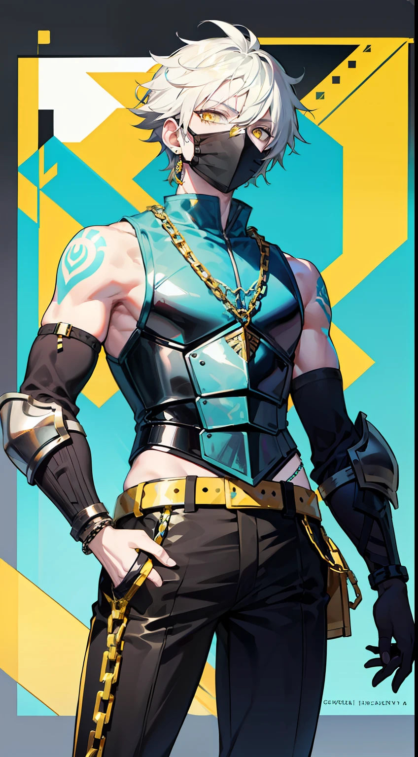 Tall guy, short white hair, Yellow eyes, Mask on the eyes, turquoise body armor, Sleeveless, Gold Chains, tattoos on arms, Black pants, ciberpunk, hiquality