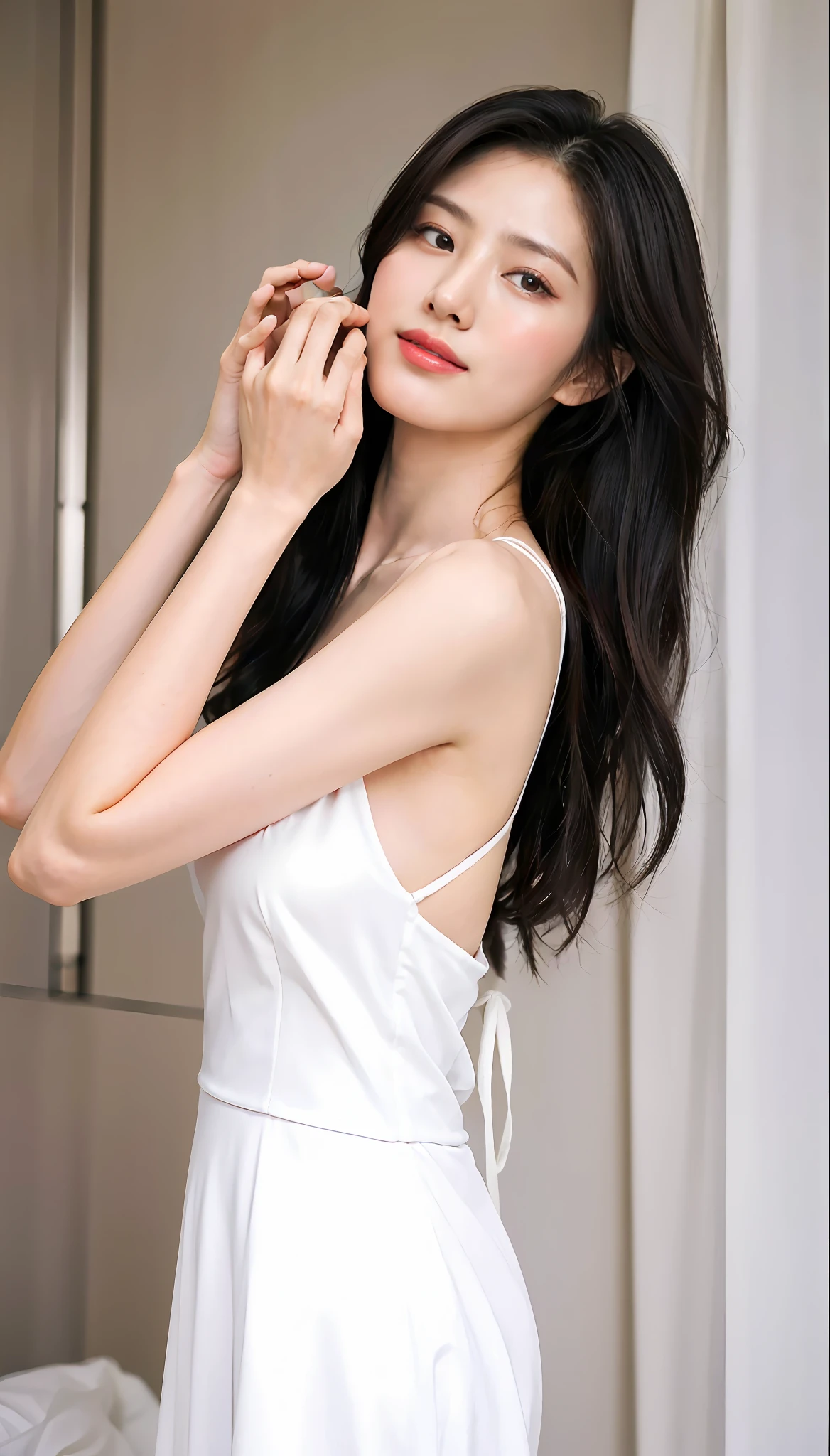 ( (8K:1.27), Best quality at best, tmasterpiece, 超高分辨率:1.2) photore，Beautiful Chinese woman (big breasts beautiful:1.1) (The clothes ar:1.21) ，ellegance、fanciful、the detail、geomerty、Gradient lighting，1girll， Delicate skin， looking at viewert， Brown eyes，ssmile ，（fashion hair：1.2）， （Large breasts：1.0）， （medium areolae：0.8）， （realisticlying：1.4）， （Best picture quality：1.0）， （超高分辨率：1.0）， 8K， RAW photos， （tmasterpiece：0.2）， （PureErosFace_V1：0.5）