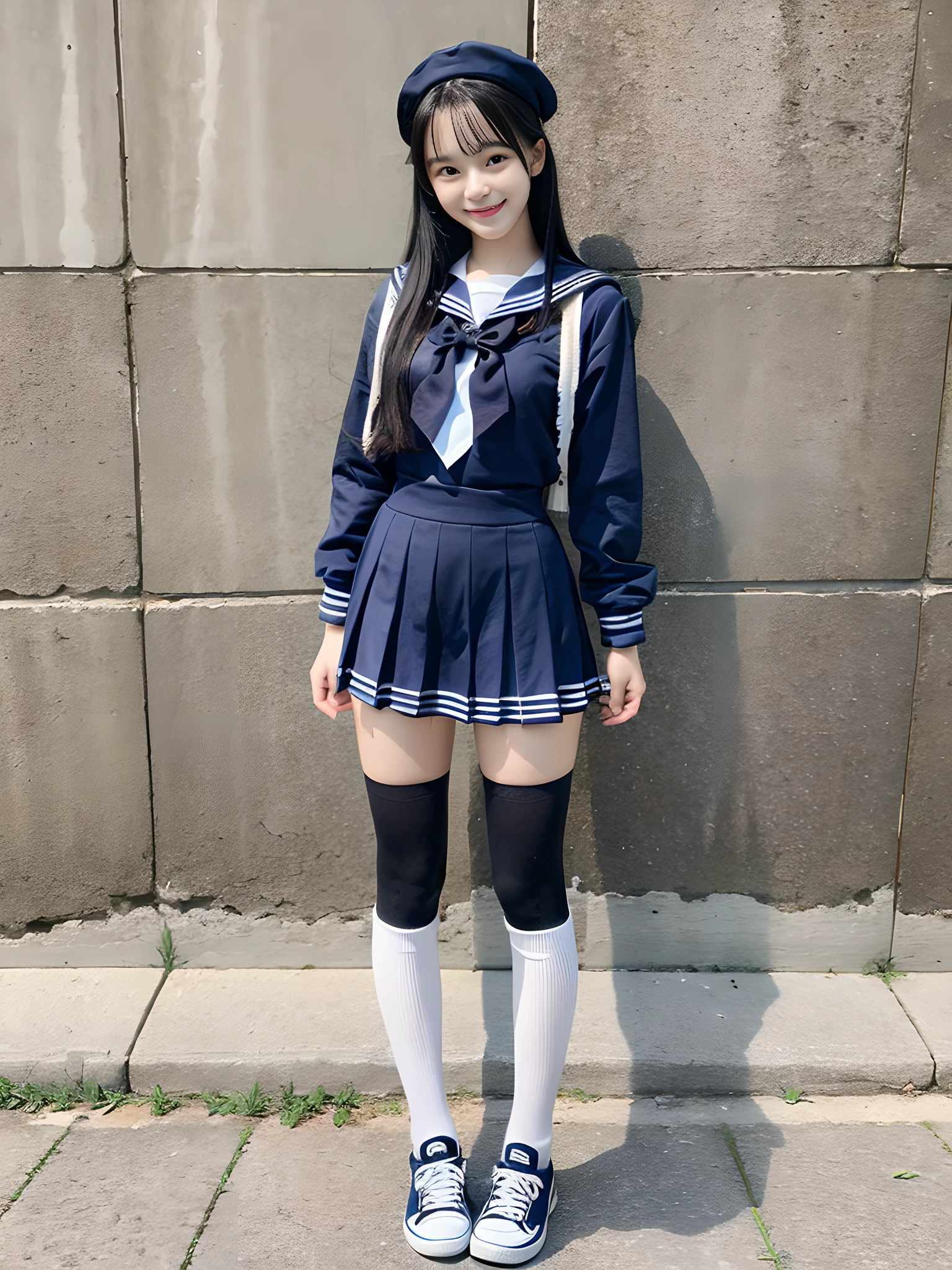 1girl, Cute, black-haired, 14 years old, Smile, Looks pure, Sailor Suit, Photography, Realistic, Best Quality, Detailed face, Full body, slender, Slender legs, Long legs, Wearing thigh-high socks, shoes on