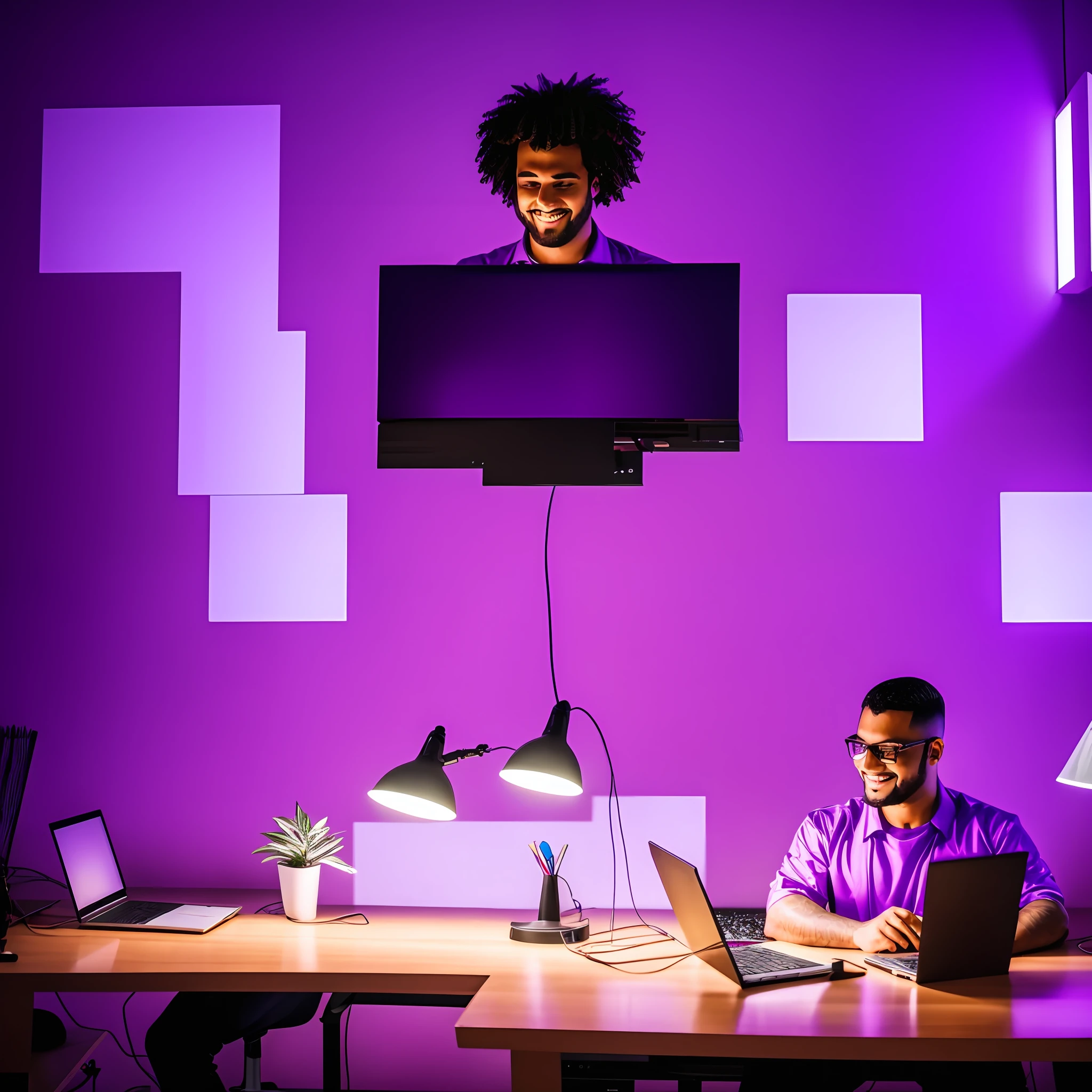 Uma pessoa sentada em um computador, trabalhando em um projeto. The room is illuminated by purple lights and the person is wearing purple clothes. The person is focused on work and seems to be having fun. --auto