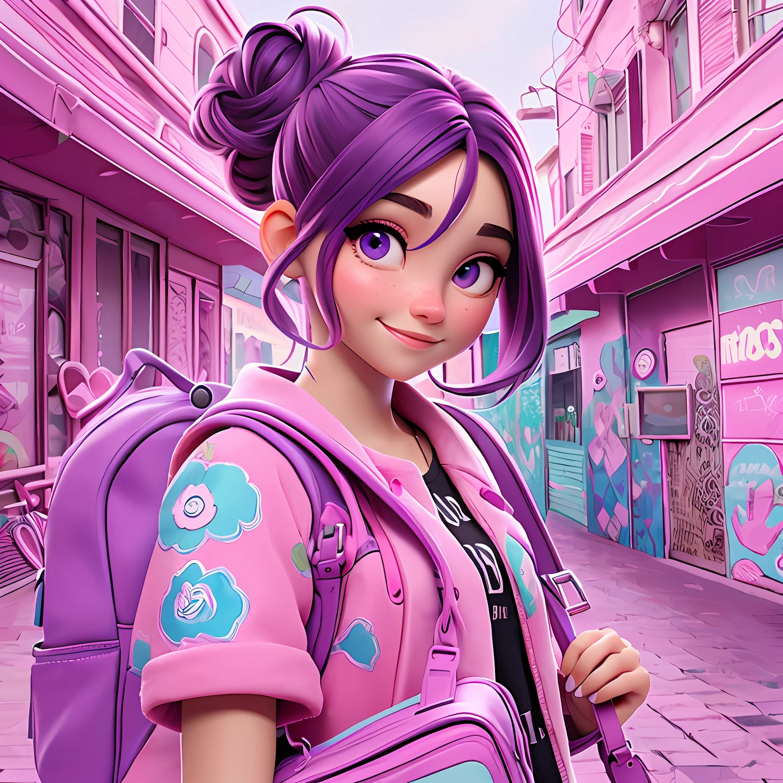 uma menina jovem, Your hair is stuck in a double bun, tom preto com mechas rosas, roupas leves, mochila, livros, corpo inteiro, The background is filled with a pastel shade, evoking a sense of lightness and happiness.