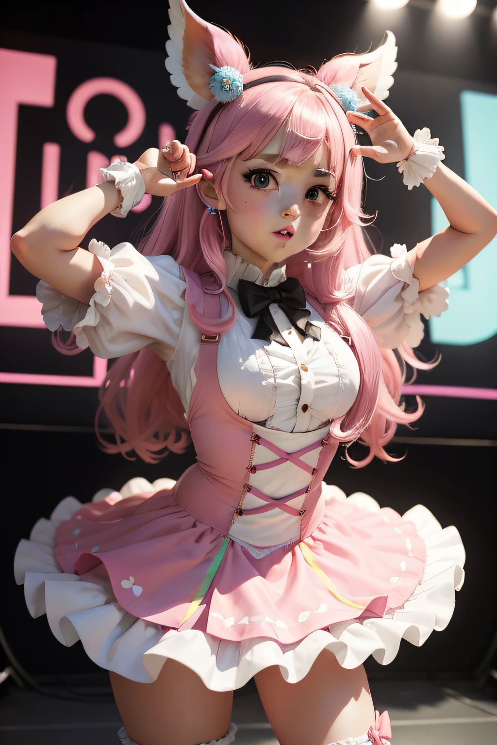 rasgos faciales ultrarealisitcos, 4k, ojos azules hiperrealista, realista, Hermosa Delphine, con un disfraz de conejo rosa, kawaii decora rainbowcore, Anime Girl Cosplay, Anime de cosplay, Kerli Koiv como Chica de anime, cosplay publicitario, cosplayer, Ayaka Cosplay, pink iconic character, loli, performing on stage, Yami Kawaii, traje rosa, ultrarealistico, traje de cuerpo completo, falda a media pierna
