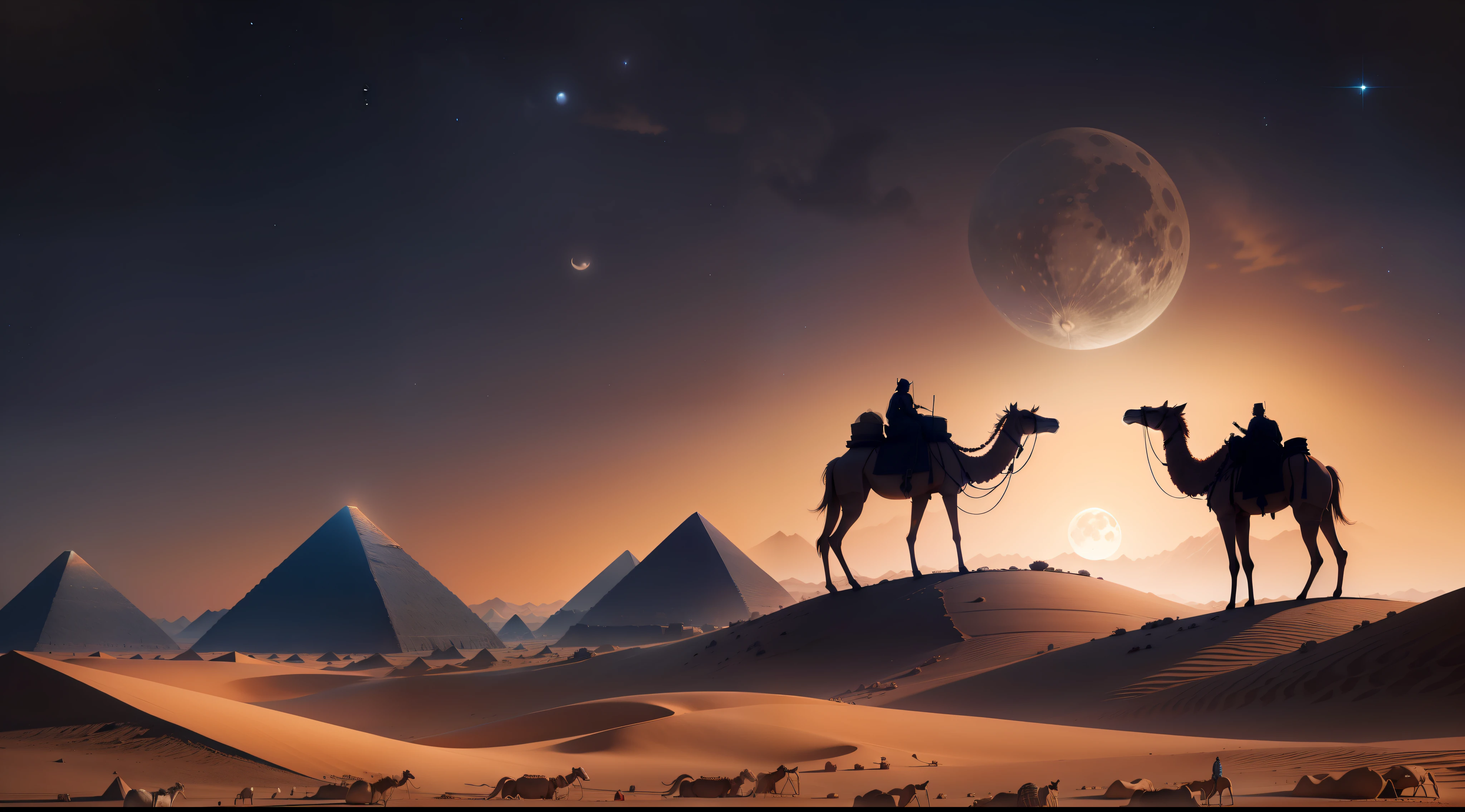a mysterious night in a desert with pyramids in the background and shadows of camels, full moon, stars