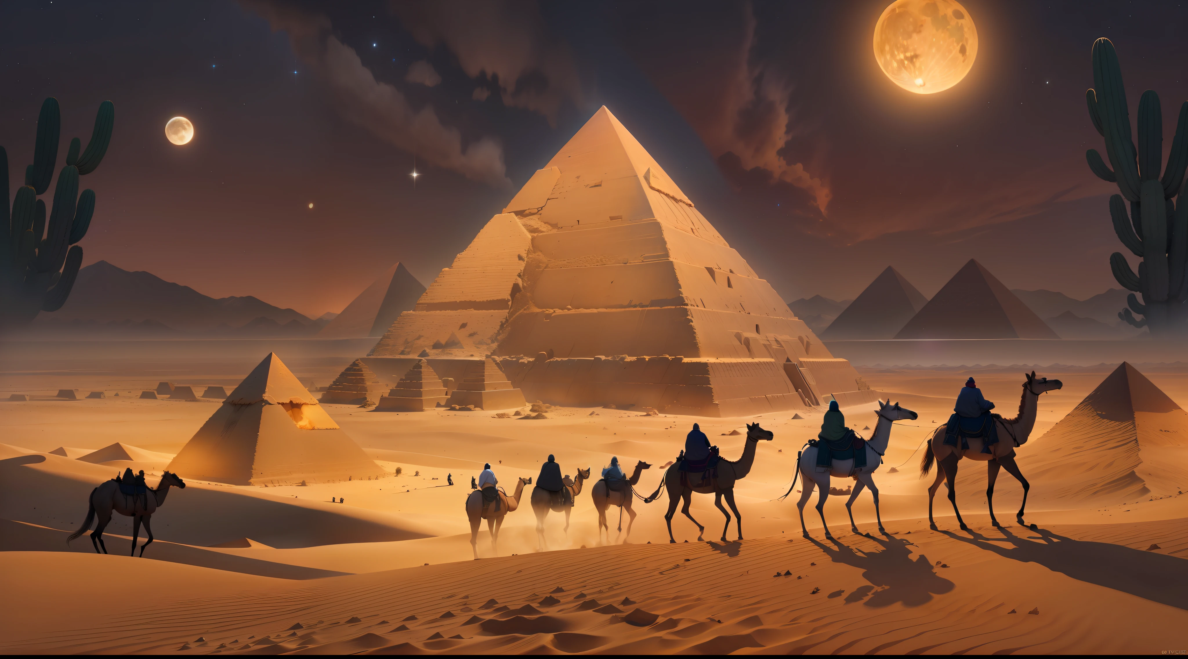 a mysterious night in a desert with pyramids in the background and shadows of camels, full moon, stars