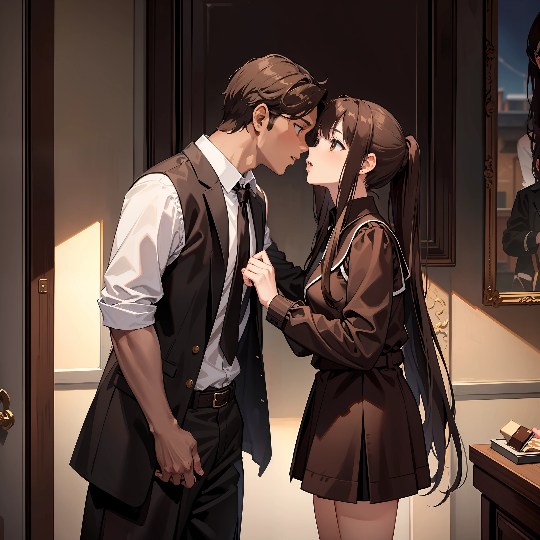 Masterpiece, Best quality, A high resolution, A high school girl wears a long ponytail,Chocolate colored hair,Wearing a black vest,Brown coat,Short brown skirt,Kissing a brown-haired man,And saliva drawing