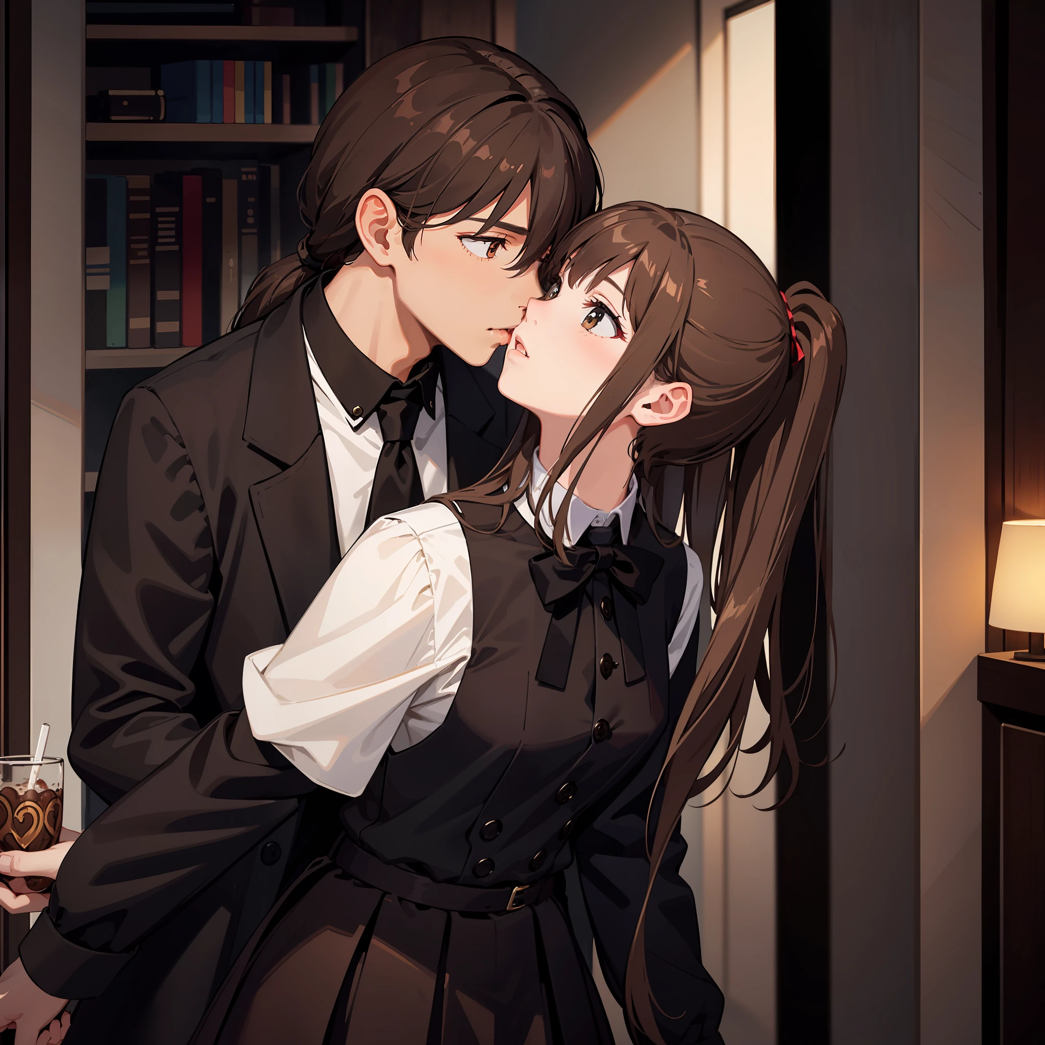 Masterpiece, Best quality, A high resolution, A high school girl wears a long ponytail,Chocolate colored hair,Wearing a black vest,Brown coat,Short brown skirt,Kissing a brown-haired man,And saliva drawing