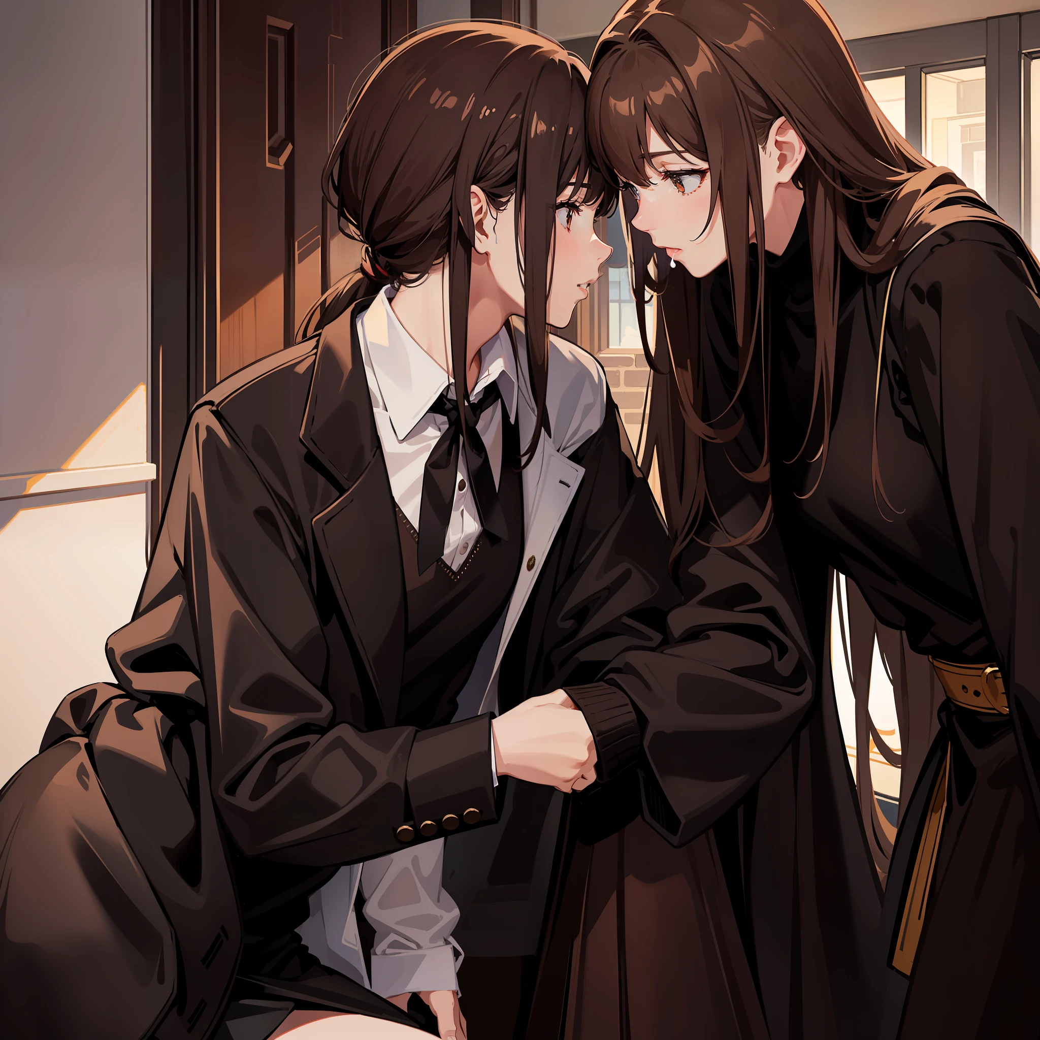 Masterpiece, Best quality, A high resolution, A high school girl wears a long ponytail,Chocolate colored hair,Wearing a black vest,Brown coat,Short brown skirt,Kissing a brown-haired man,And saliva drawing
