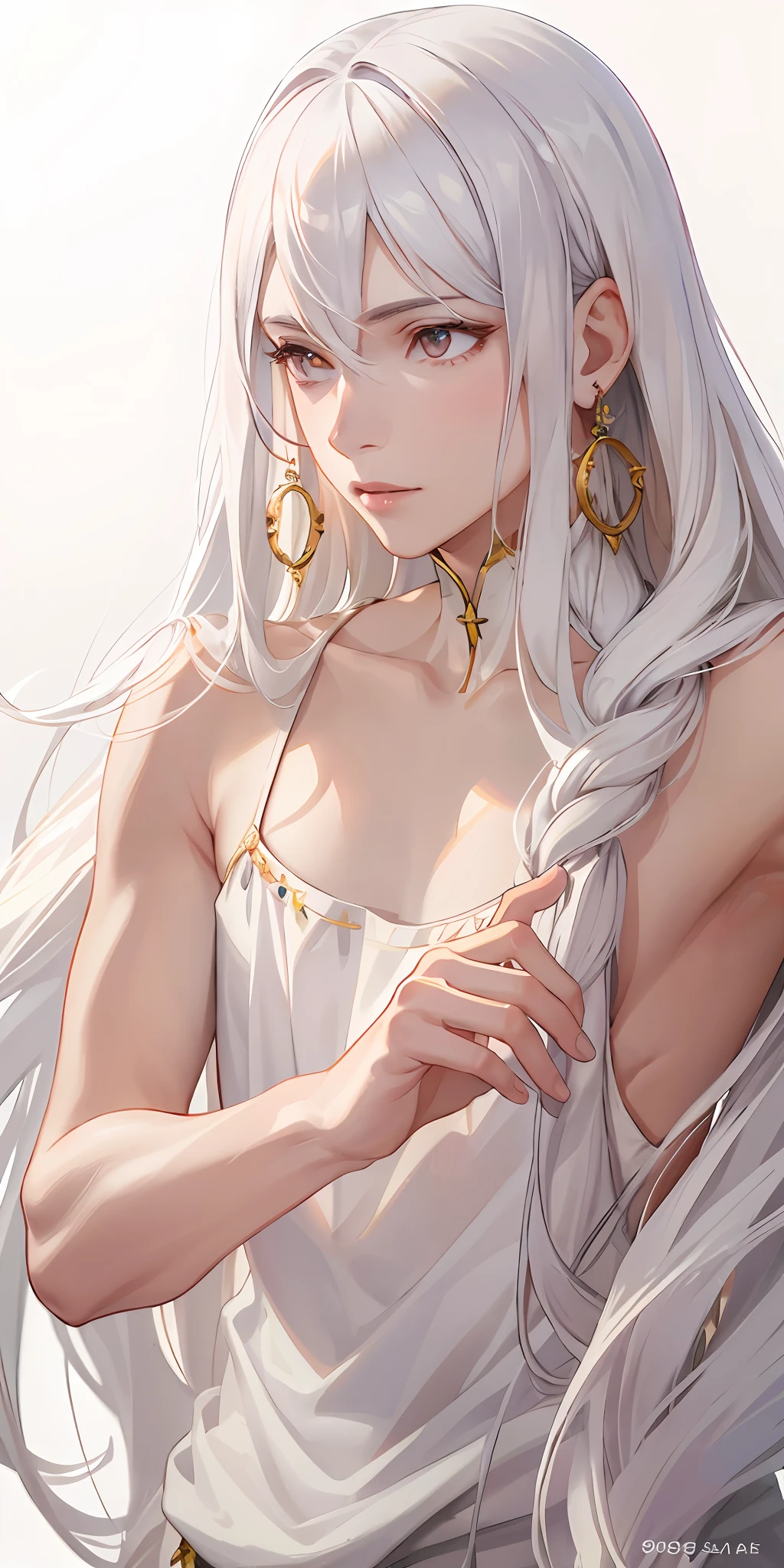 best quality, masterpiece,white hair, gold eyes,white clothes, looking up, upper body,hair strand,Fair skin,side braids