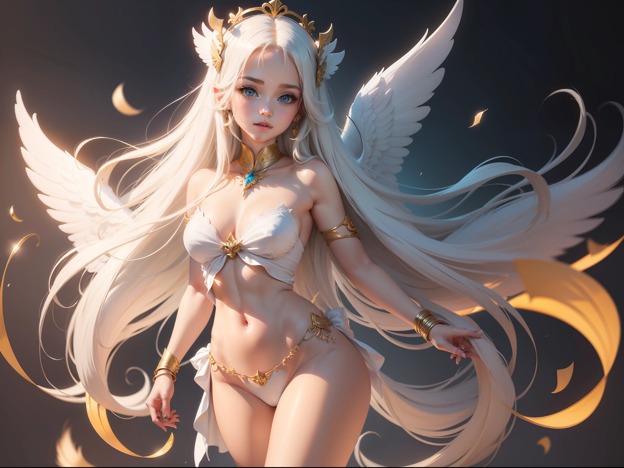 (Masterpiece: 1.4), (Best Quality: 1.4), (Very Cute Angel Girl, Super Detailed Face, Jewel-like Eyes, White Very Long Hair, Colorful Gradient Hair: 1.4), (Angel Ring: 1.4), (Angel Wings: 1.4), (Full body, perfect 2 arms, perfect 2 legs: 1.4), (Perfect 4 fingers: 1 thumb), light, shine, super fine