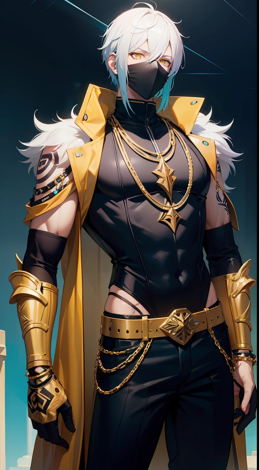 Tall guy, short white hair, Yellow eyes, Mask on the eyes, turquoise body armor, Sleeveless, Gold Chains, tattoos on arms, Black pants, ciberpunk, hiquality