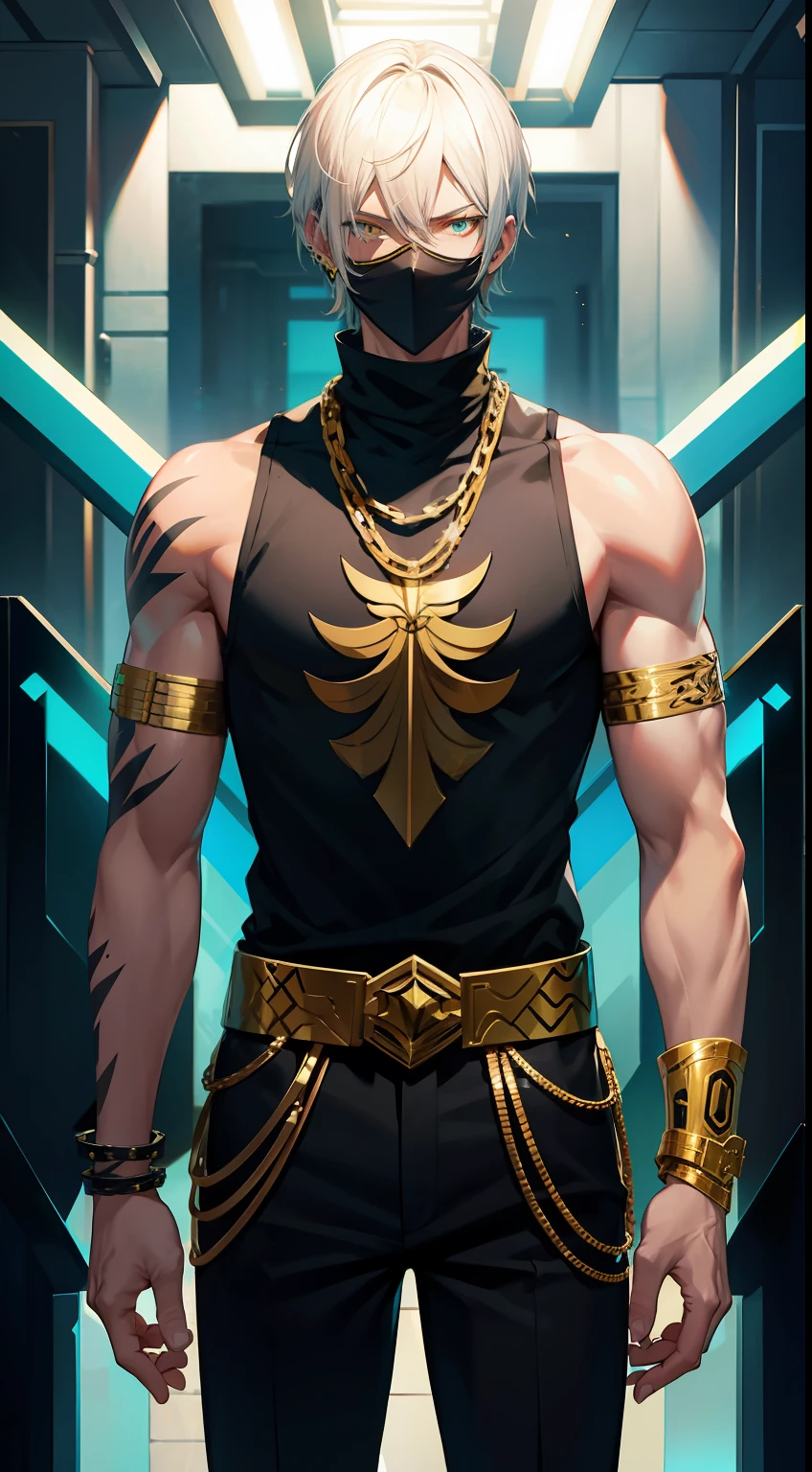 Tall guy, short white hair, Yellow eyes, Mask on the eyes, turquoise body armor, Sleeveless, Gold Chains, tattoos on arms, Black pants, ciberpunk, hiquality