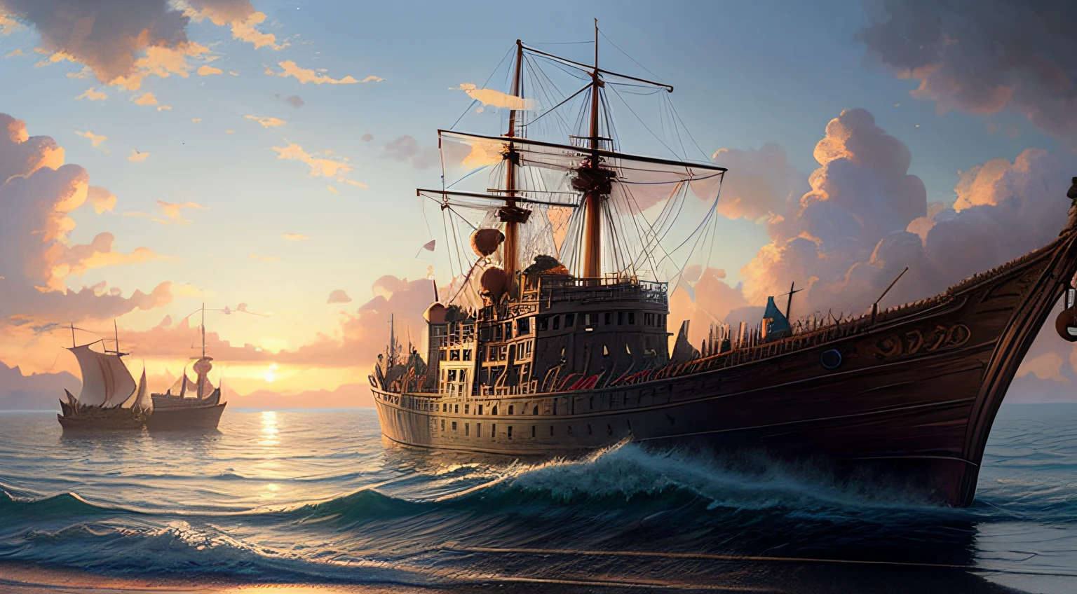 (masterpiece, best quality, digital art:1.4) of a romantic landscape, wooden ship, cinematic lighting, detailed oil painting, hyperrealistic, 8k, high resolution, insanely detailed and intricate, artstation, octane render, unreal engine 5, cinematic, 8k hd wallpaper, digital art, trending on artstation, wide angle, by jeremy mann, deviantart, rossdraws, frank