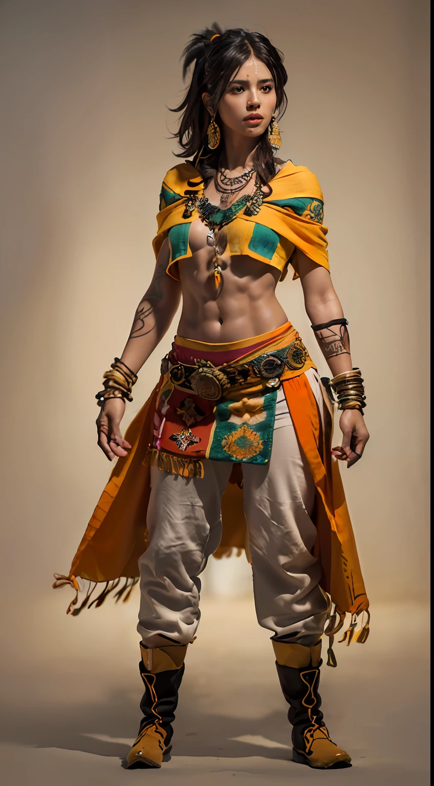 (Character: one mexican woman, mystic, brown skin, medium messy hair, abs, happy)
(Clothing: orange inca poncho, inca pants, amulets, inca tattoos, boots)
(Pose: full body shot:1.7, perfect proportions, (face detailed))
(simple background)
(((masterpiece:1.5)),, photo-realistic:1.3, hyperrealistic, , high contrast, soft lighting)