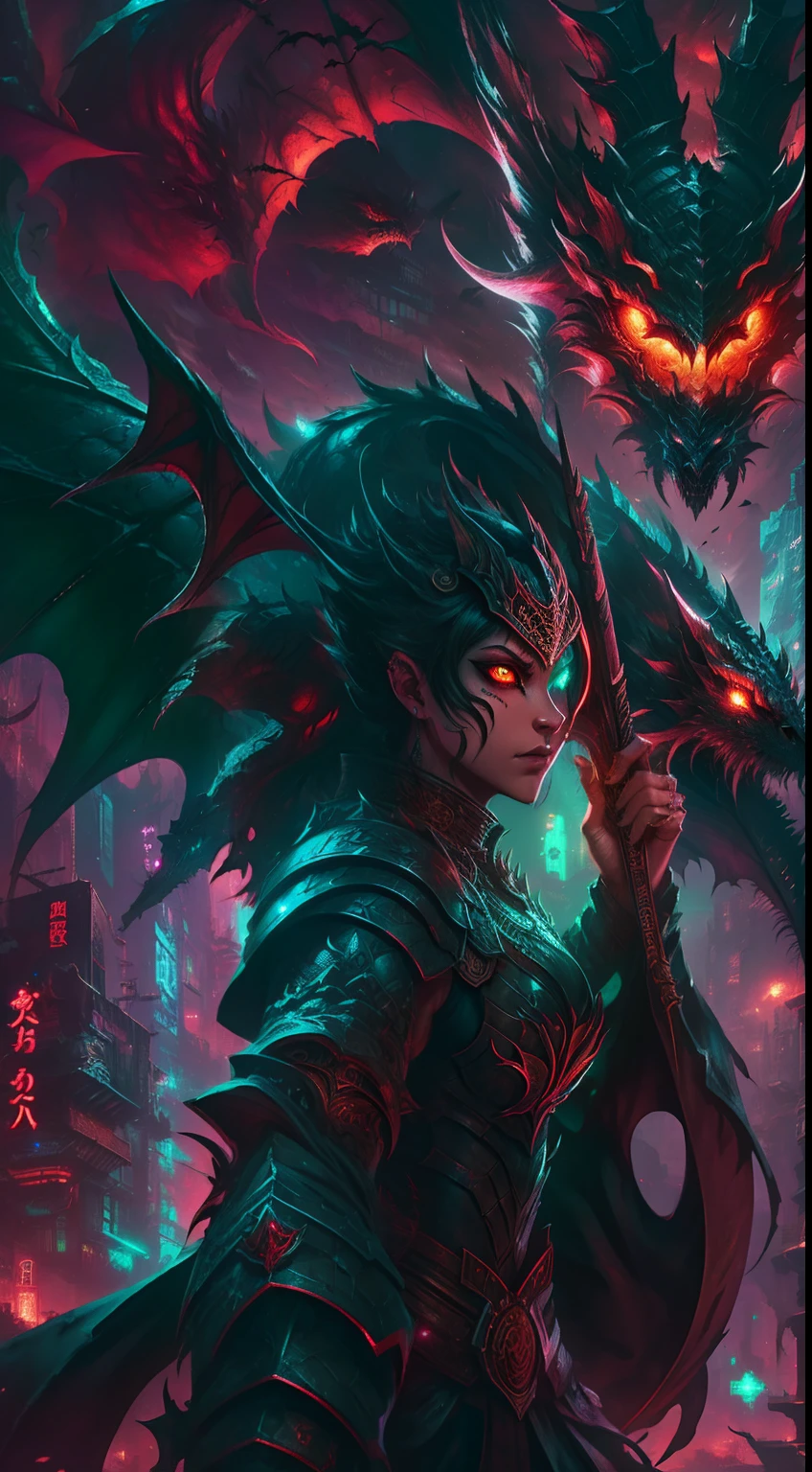 high high quality,Best quality at best,Realiy,Super realistic,super detailing,tmasterpiece,A high resolution,8K,Very realistic,Hellbringers,Black-scaled youkai, Black-scaled youkai,red - eyed,Meniscus,a close up of a person with a sword and a demon, Demon Dragon Inspired Scales, Dark black scaly yokai, Demon bat wings,Epic fantasy digital art style, Demon Black Scale Yokai, evil knight, dan mumford tom bagshaw, dark fantasy style art, Epic fantasy art style, Dragon Knight, dark fantasy art style, Shadow scales, Epic fantasy art style HD, dark fantasy digital art,"Artistic image type: {Perched on top of cybernetics dragons, The masked woman investigates the vast cyber metropolis below. Masks, Infused with neon lights, Contrast her technically enhanced body, Embedded LEDs and retractable technology weapons shine. In a striking pose, She seemed ready to act, A fusion of ancient legends and visions of the future}, Dragon Knight Ghost, Excellent location,with city view, (Vibrant neon lighting:1.5), (Digital painting:1.25), (4K:1.2). environment: panoramic view of a city,Bats fly across the skyline."