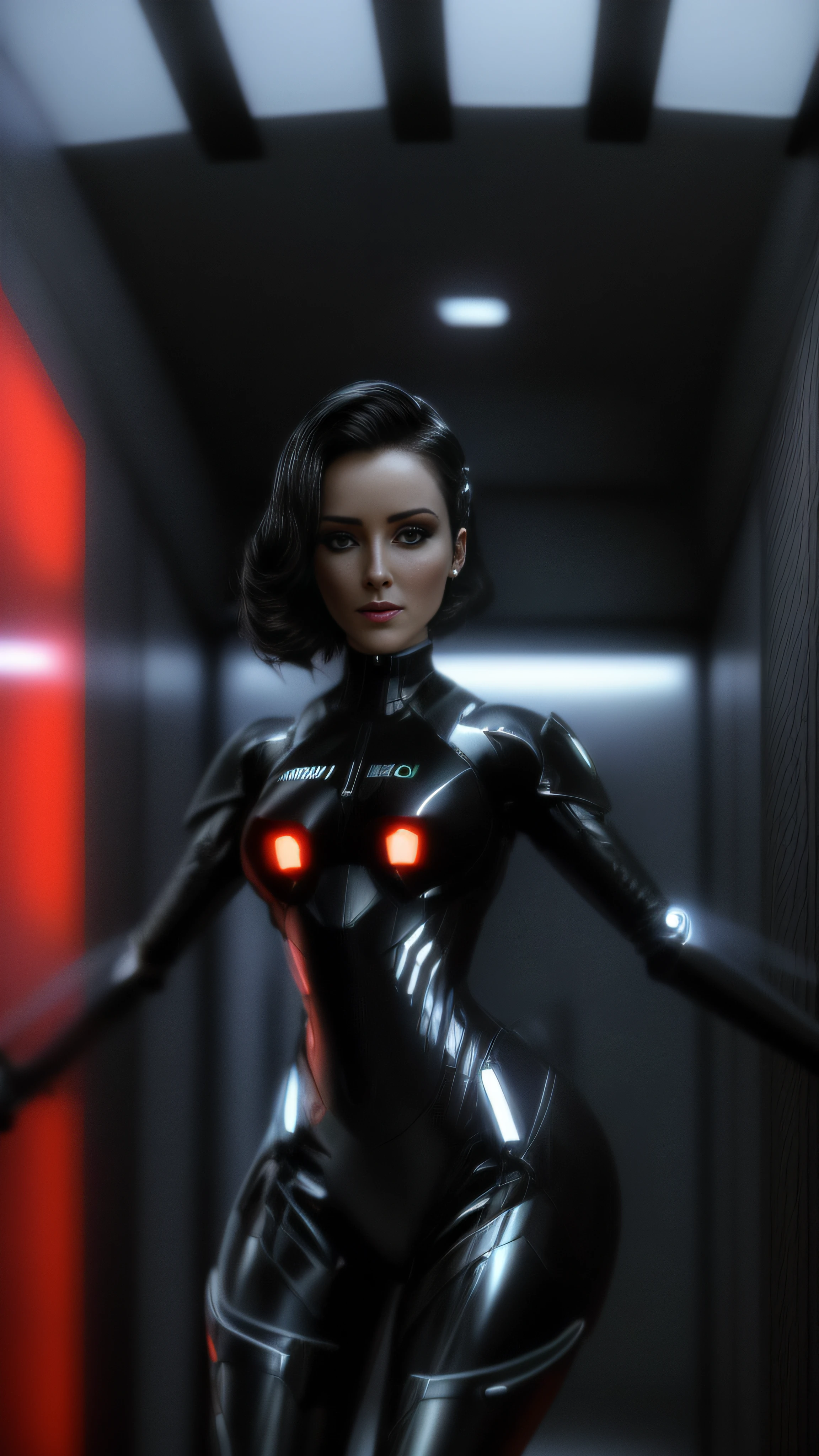 A closeup of a woman in a black suit standing in a room, 3 d render arte do caractere 8 k, sci-fi android feminino, sci fi female character, 8k portrait render, sci - personagem de fi, cybernetic suit, Arte cyberpunk 8K ultrarrealista, menina ciborgue bonito, sci-fi feminino, cybernetic suit, scifi character render, beautiful female android