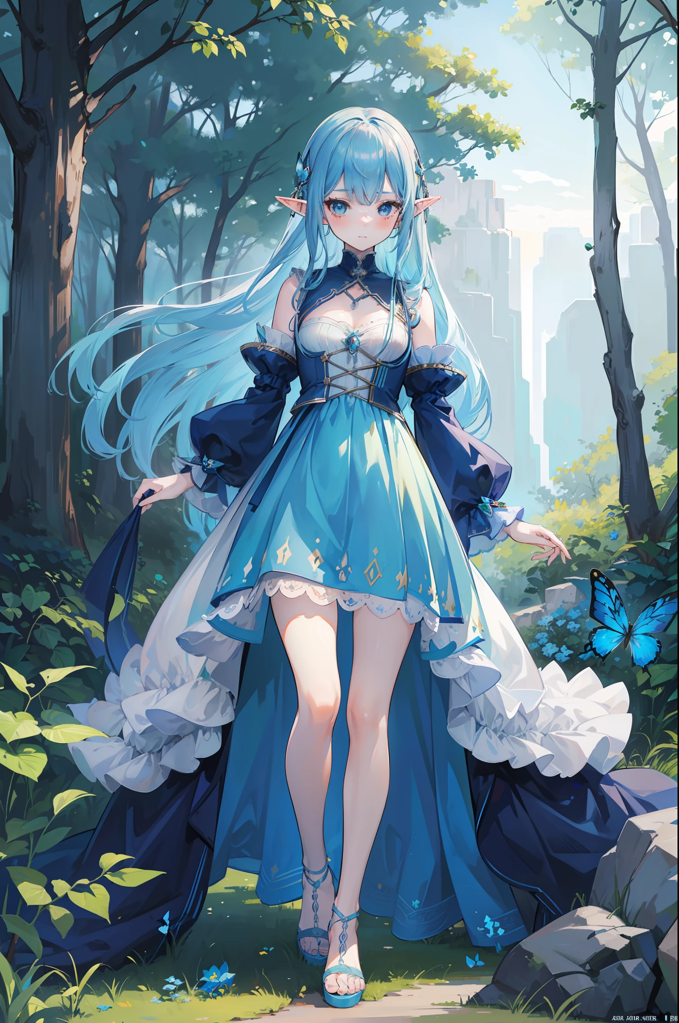 woman with blue hair, ((elf ears)), slight smile, slight blush, long hair, ((extremely detailed face and clothing)) ((full body)), ((looking into camera)), (realistic camera angle), fantasy, in nature, wearing small dress, (butterlies), (((masterpiece))), (((ultra high quality, 8k)))