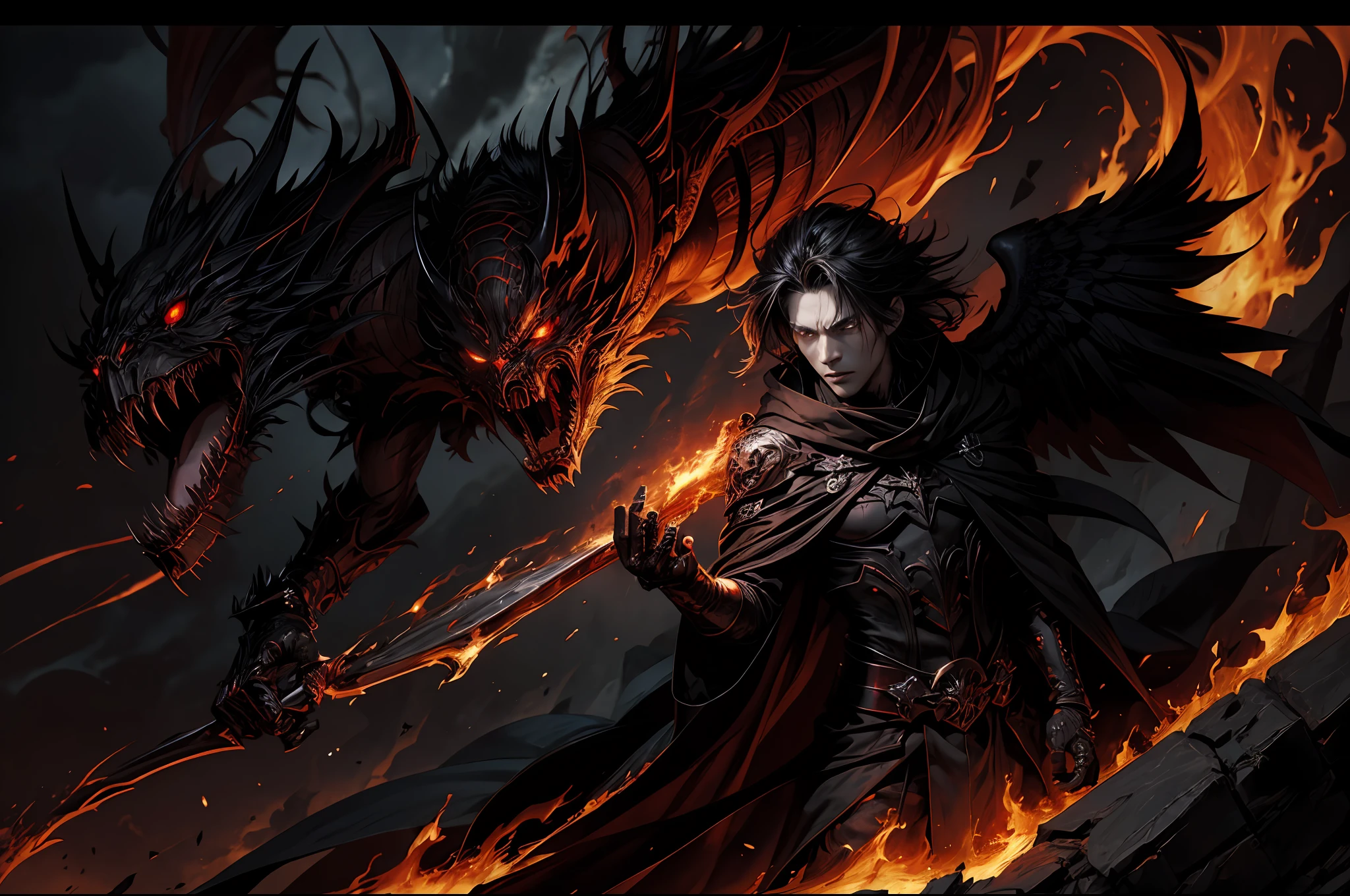 The depiction of a male "Hell Messenger" with ominous red eyes, dark wings, a black cloak, and a sinister expression, surrounded by flames and smoke, in a highly detailed and dynamic pose, capturing the essence of terror and power.