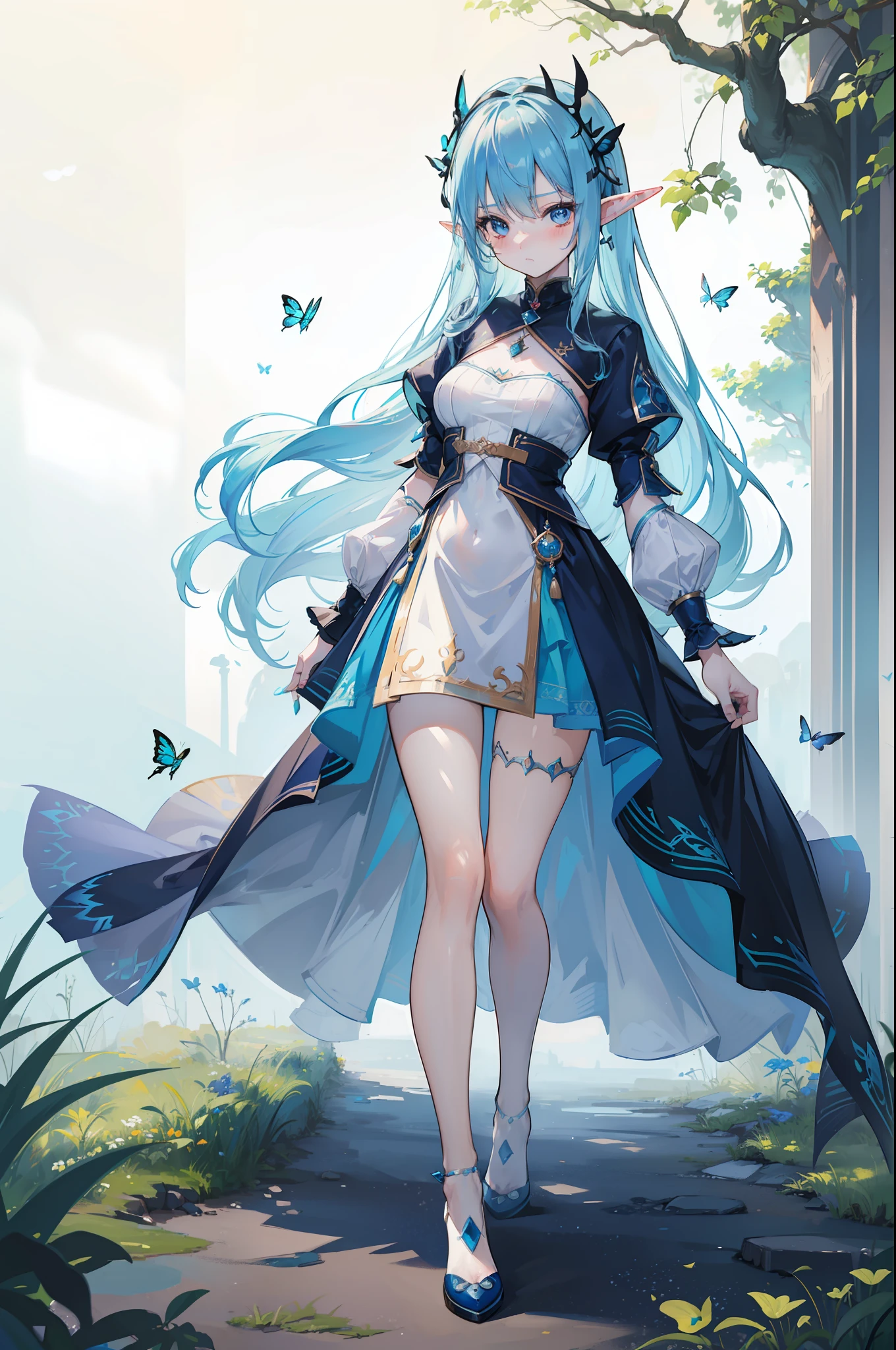 woman with blue hair, ((elf ears)), slight smile, slight blush, long hair, ((extremely detailed face and clothing)) ((full body)), ((looking into camera)), (realistic camera angle), fantasy, in nature, wearing small dress, (butterlies), (((masterpiece))), (((ultra high quality, 8k)))