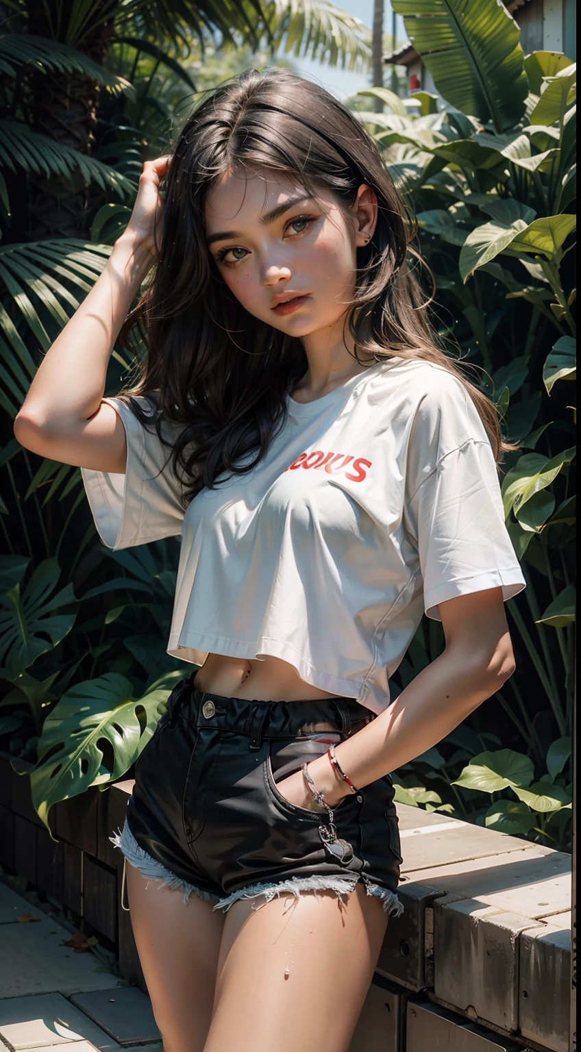 Girl in the jungle,(Raised sexy,Wear black shorts and a white t-shirt), Cute face, (Red),Detailed facial portrayal,(Photo of Steve Hanks),aquarelle,Splash ink,(Masterpiece),(Best picture quality),(light and shadow effect),(Ray traching),(8k wallpaper),Full body appearance,Ultra-clear,Ultra photo realsisim,Photography Award,photorealestic