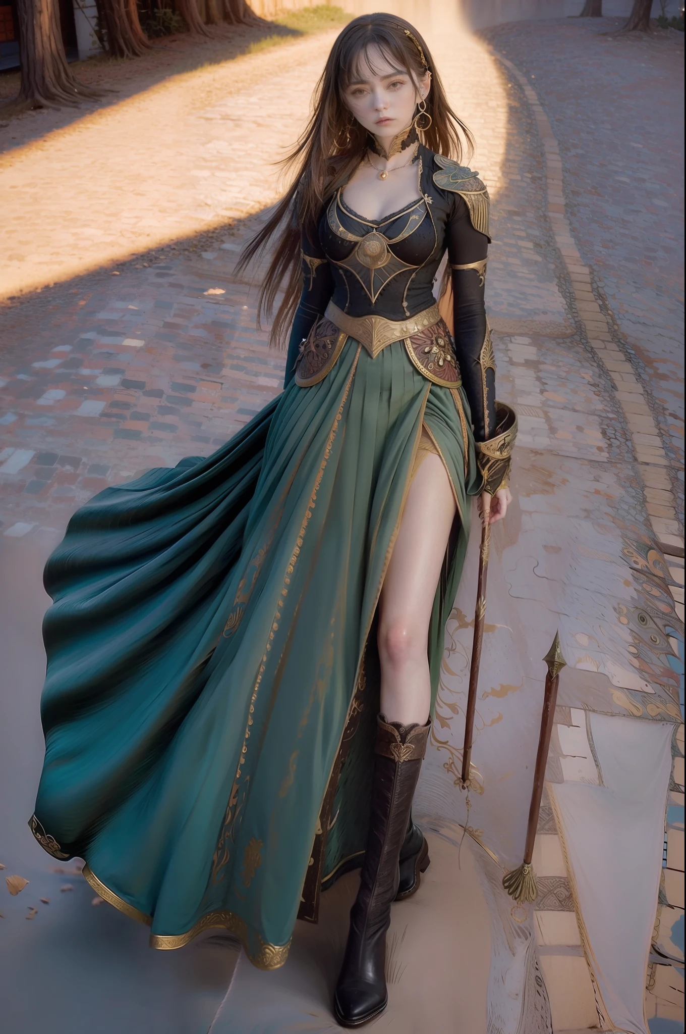 Una hermosa vaquera. She is in the middle of the street in a small village. She holds two large revolvers....., uno en cada mano, Usar ropa de mezclilla, un sombrero y botas altas. Su cabello es largo y rizado. It's a spectacular full-body image with a low upward tilt angle..