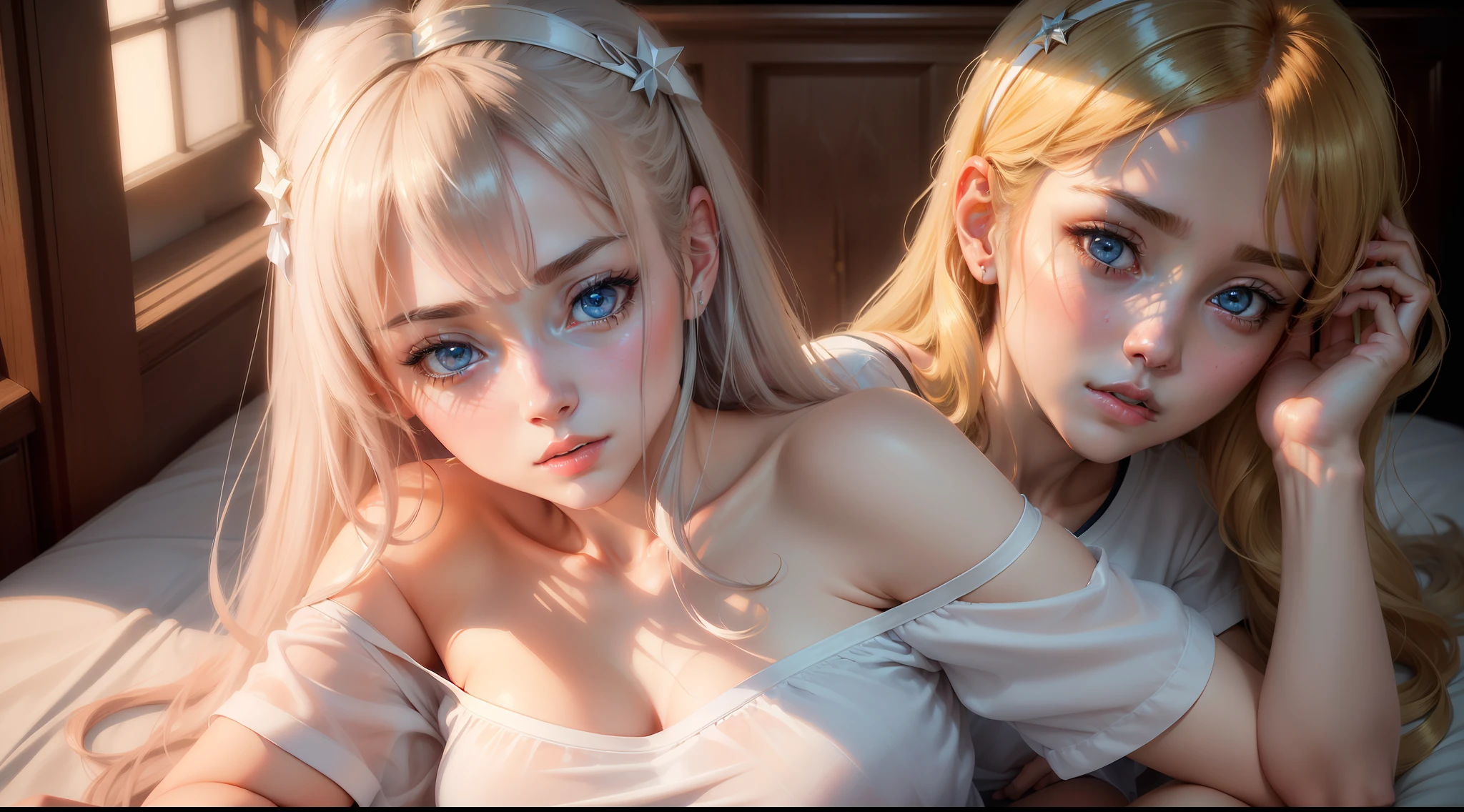 (photorealistic:1.4), (masterpiece, side dim light, finely detailed beautiful eyes: 1.2), masterpiece*portrait, realistic, 3d face, Stelle \(honkai star rail\), 1girl, white oversize T-shirt, bare shoulder, universe, rail, bangs, blush, shy, lustful eyes, medium long hair, looking at viewer, gasp, medium breasts