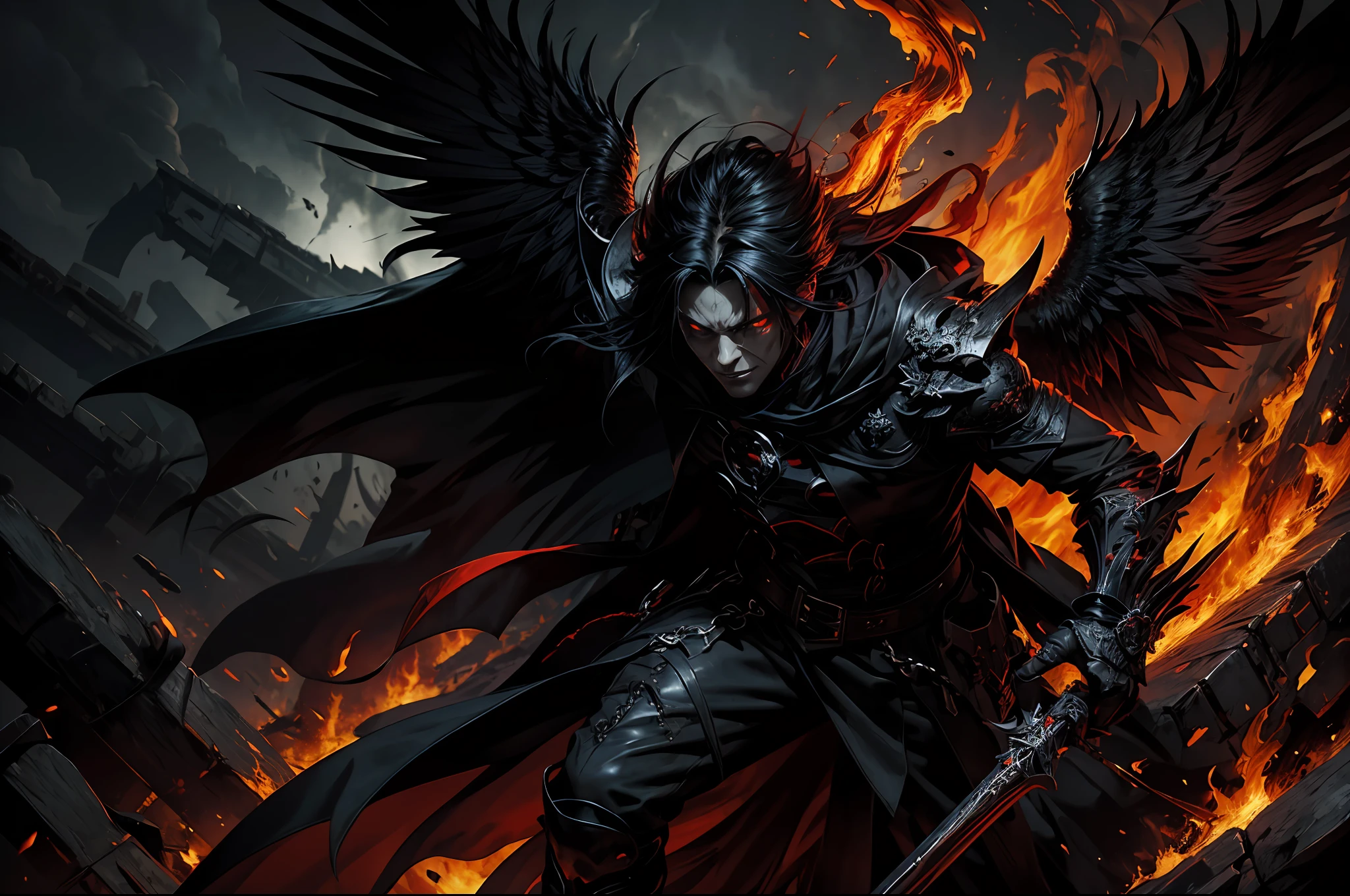 The depiction of a male "Hell Messenger" with ominous red eyes, dark wings, a black cloak, and a sinister expression, surrounded by flames and smoke, in a highly detailed and dynamic pose, capturing the essence of terror and power.