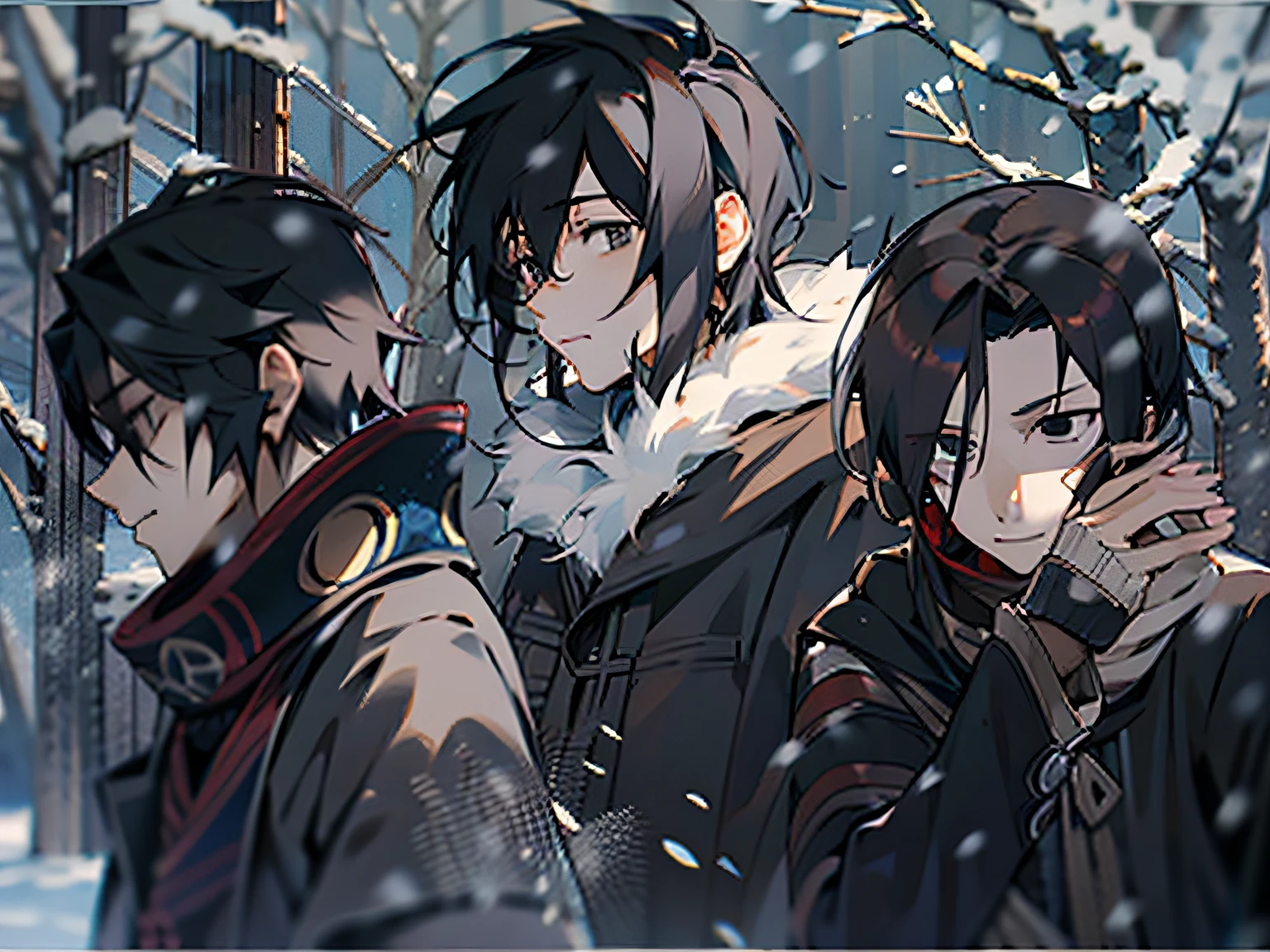 Male characters wearing black clothes and half-finger gloves on snowy days,Black hair and black eyes。
