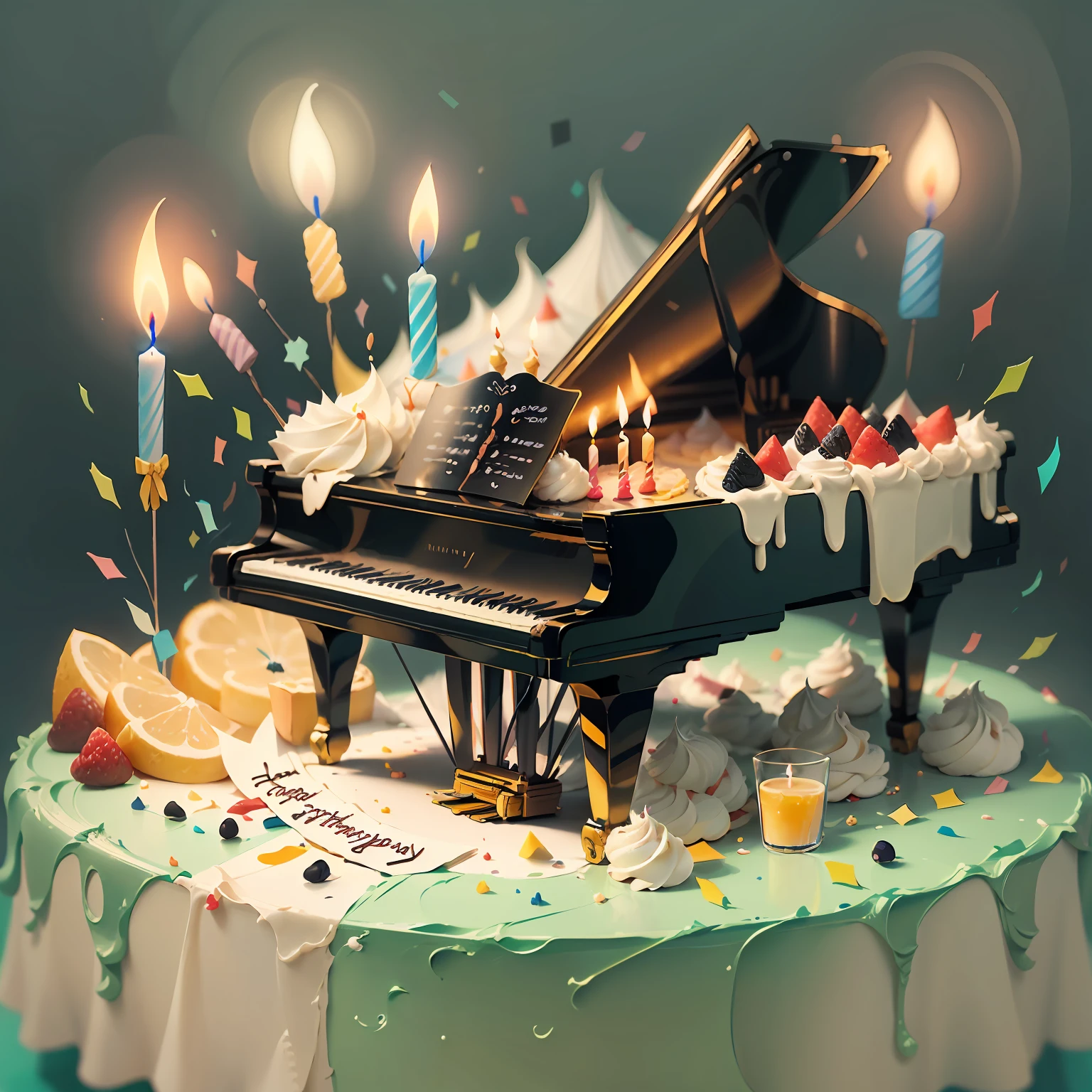 ／ (Stick figure cartoons，The birthday cake，grand piano，24 candles，the fruits), (Niji painting style,), (Pet food), (Soft light), (Glass style)  ，