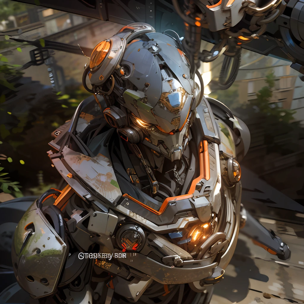 Dark_Fantasy,Cyberpunk,(chain saw,chain saw man,Red:1.1),1man,Mechanical marvel,Robotic presence,Cybernetic guardian, wearing a worn-out mech suit, intricate, (steel metal [rusty]), elegant, clear focus, shot by greg rutkowski, soft lighting, vibrant colors, masterpiece, ((street)), cowboy shot, dynamic pose,