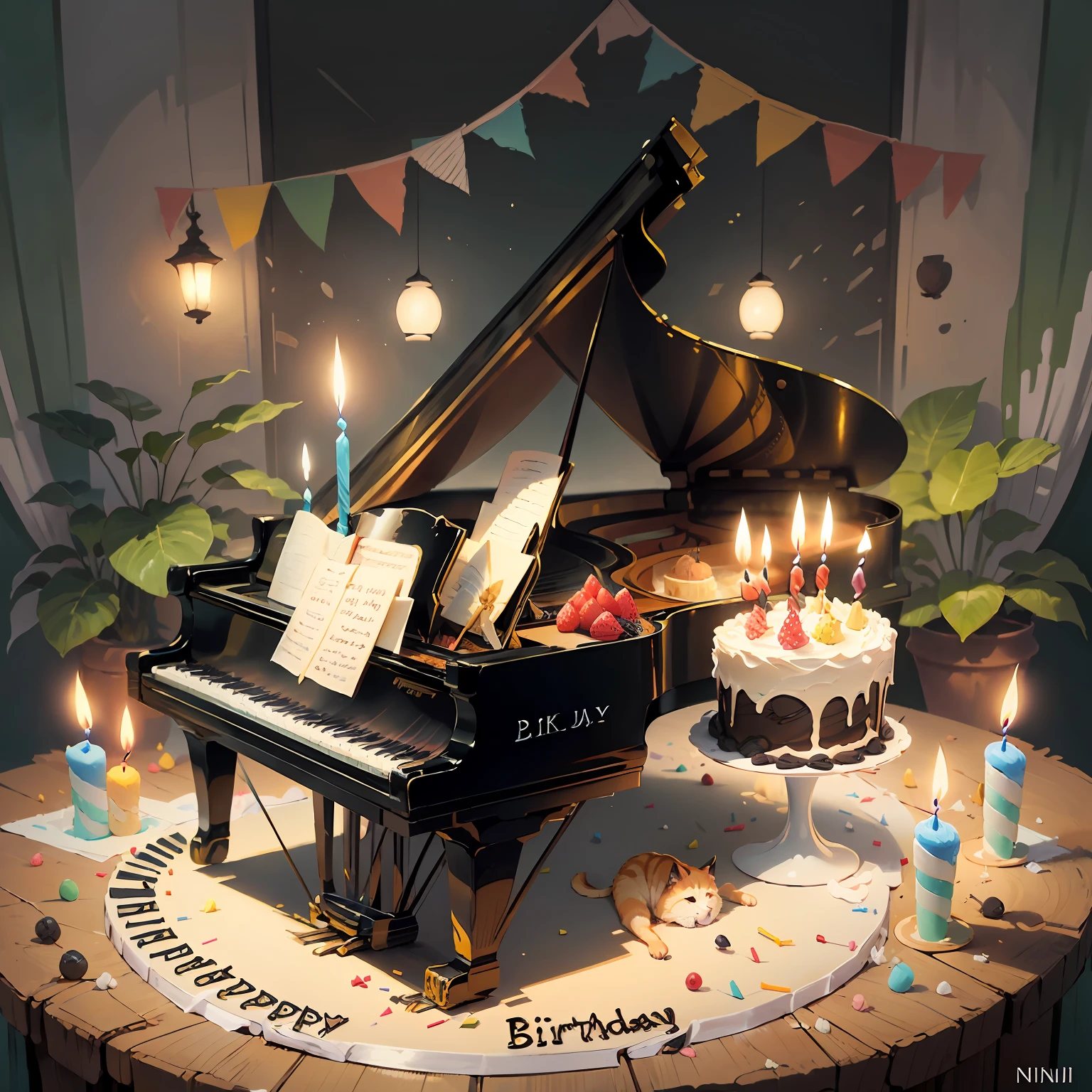 / (Stick figure cartoons,The birthday cake,grand piano,24 candles,the fruits), (Niji painting style,), (Pet food), (Soft light), (Glass style) ,