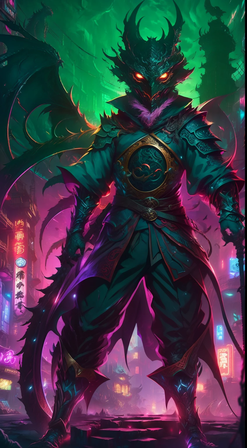 high high quality,Best quality at best,Realiy,Super realistic,super detailing,tmasterpiece,A high resolution,8K,Very realistic,Hellbringers,Black-scaled youkai, Black-scaled youkai,red - eyed,Meniscus,a close up of a person with a sword and a demon, Demon Dragon Inspired Scales, Dark black scaly yokai, Demon bat wings,Epic fantasy digital art style, Demon Black Scale Yokai, evil knight, dan mumford tom bagshaw, dark fantasy style art, Epic fantasy art style, Dragon Knight, dark fantasy art style, Shadow scales, Epic fantasy art style HD, dark fantasy digital art,"Artistic image type: {Perched on top of cybernetics dragons, The masked woman investigates the vast cyber metropolis below. Masks, Infused with neon lights, Contrast her technically enhanced body, Embedded LEDs and retractable technology weapons shine. In a striking pose, She seemed ready to act, A fusion of ancient legends and visions of the future}, Dragon Knight Ghost, Excellent location,with city view, (Vibrant neon lighting:1.5), (Digital painting:1.25), (4K:1.2). environment: panoramic view of a city,Bats fly across the skyline."