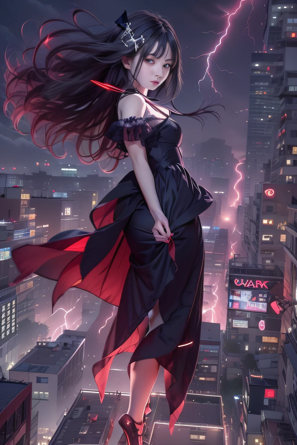 Albino girl from Gothloli is floating in the city with one hand in front of her,Woman in black dress with red and black hair, Gothic Maiden girl, girl in black dress, 1 7  girl,Old Goth girl, an elegant gothic princess, artwork in the style of guweiz, in the art style of bowater, dreamy gothic girl, 8k high quality detailed art, gothic art style, wearing a gothic dress,Closedown,Wearing underwear,Red Eyes,Looking down,white  hair,Wind,Head tilt,White hair, Silver hair, Long hair, Blunt bangs, Straight hair, Big hair, expressive hair, (Red eyes that glow intensely:1.8), Downward eyes, (Red Eyes:1.5),small tits,Thin leg,Crazy, Disappointed,wide Shots,wide angles,sideshot,3 views,,(Close up portrait of a person in a black dress flies over the city:1.7),People fleeing the busy streets of a city lined with shops, busy street, Street crowded with people, photograph of the city street, japanese downtown, Traditional Cities of Japan, Busy streets,busy cityscape, bustling city, Crowded with people, Bustling streets in the moon, crowdedstreets, shutterstock, Bustling small town streets,bad weather、A purple lightning bolt comes out of the girl's hand and hits the city, Lightning clouds, Atmospheric lightning, Pink lightning, With thunderstorms, Dark storm with lightning, Dramatic purple lightning, Lightning in the sky, Contrast Lightning, thunderstorm in the sky, Lightning in the background, With lightning, Stormy weather with lightning, Upper volumetriclightning,Effect of wearing purple aura,(Controlling lightning with open arms:1.4),Destroy the city with a girl's lightning attack,A nose called,Lightning effect on both hands,Purple glowing balls around a girl,