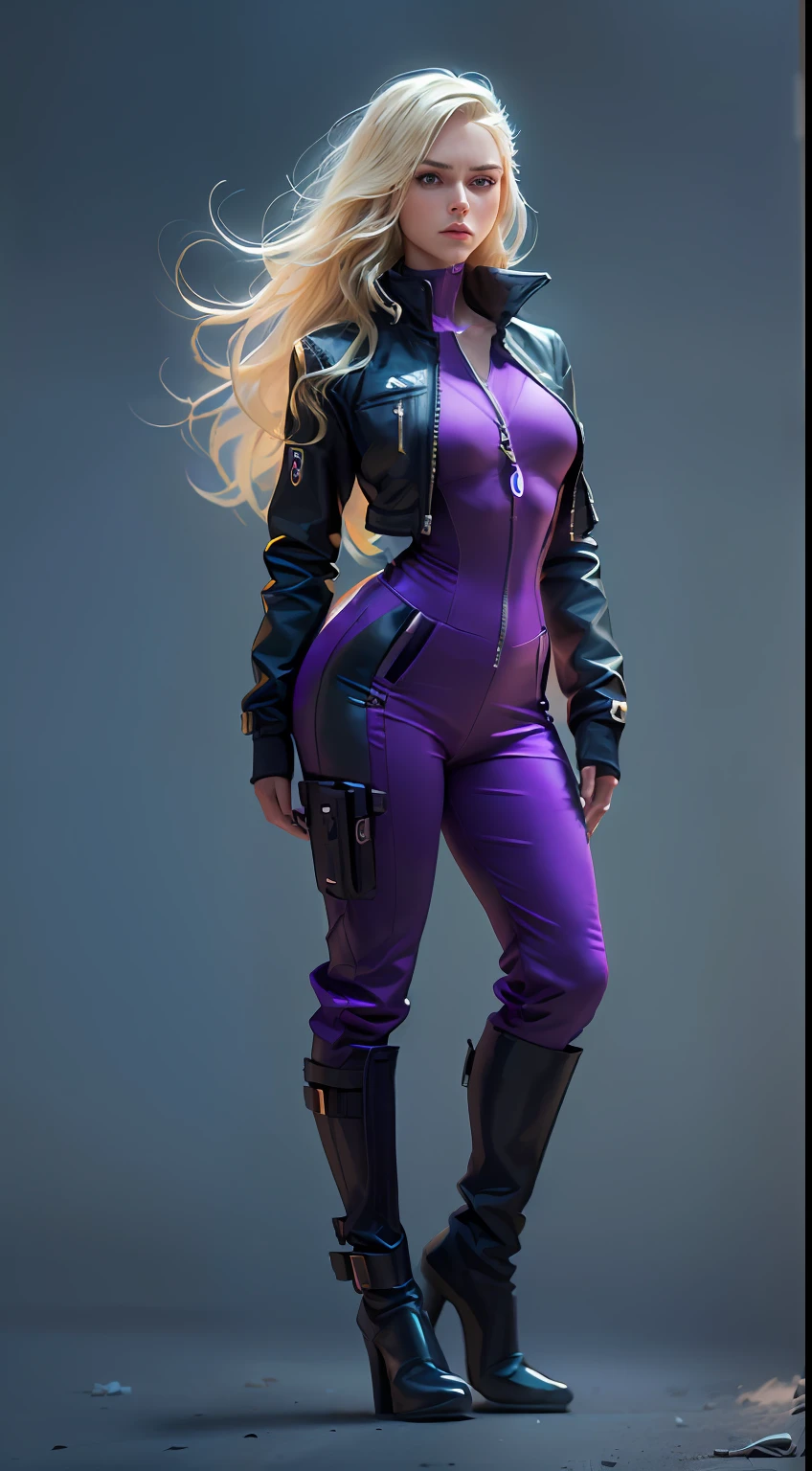 (Character: one escapist woman, russian traits, long wave hair, blonde hair, lean body, tall)
(Clothing: purple futuristic jumpsuit, black jacket, leg holster, knee pad, boots)
(Pose: full body shot:1.7, perfect proportions, (face detailed))
(simple background)
(((masterpiece:1.5)),, photo-realistic:1.3, hyperrealistic, , high contrast, soft lighting)