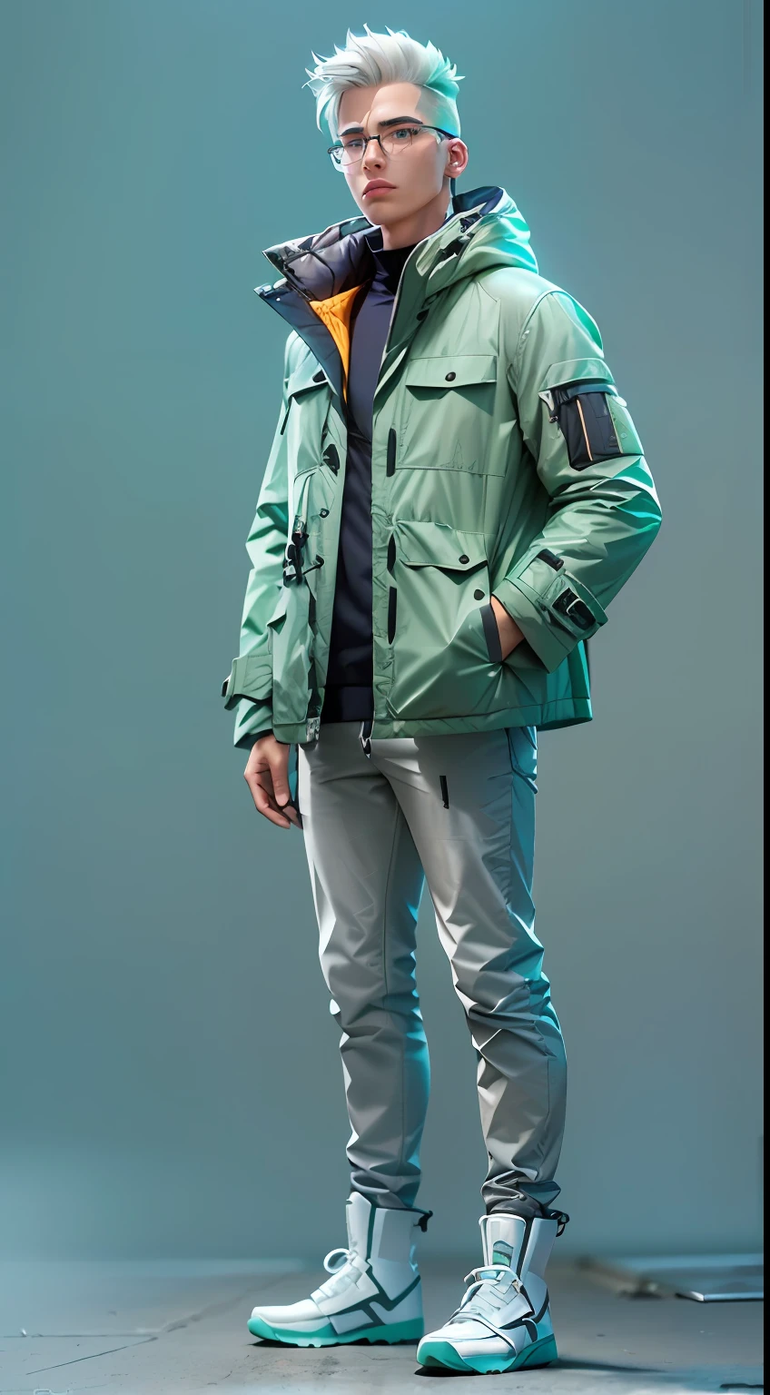 (Character: one man, (20 years old), platinum hair, clean-shaven, slim body)
(Clothing: mint green explorer coat, glasses, explorer backpack boots)
(Pose: full body shot:1.7, perfect proportions, (face detailed))
(simple background)
(((masterpiece:1.5)),, photo-realistic:1.3, hyperrealistic, , high contrast, soft lighting)