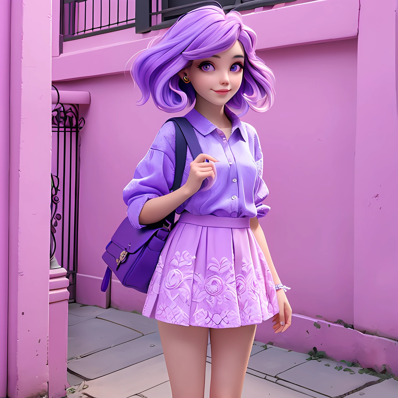 uma ****** jovem, Seu cabelo esta solto, with delicate lace, purple lilac tone with light pink locks, roupas leves, mochila, fone de ouvido, dread's roxo escuro, corpo inteiro, The background is filled with a pastel shade, evoking a sense of lightness and happiness.