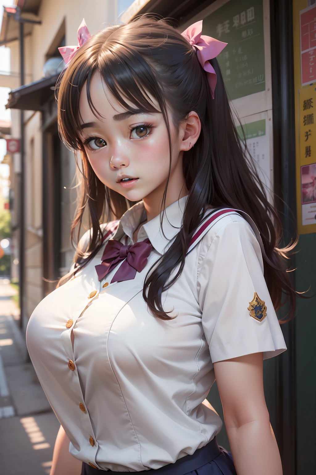 8K、超A high resolution、Top image quality、masterpiece、A hyper-realistic、a picture、女の子1人、(sixteen years old:1.3)、Cute little girl s、cute face、beautiful detail、(School Girl)、(Summer Uniforms:1.5)、(Medium big breasts:1.2)、((radiant eyes))、
