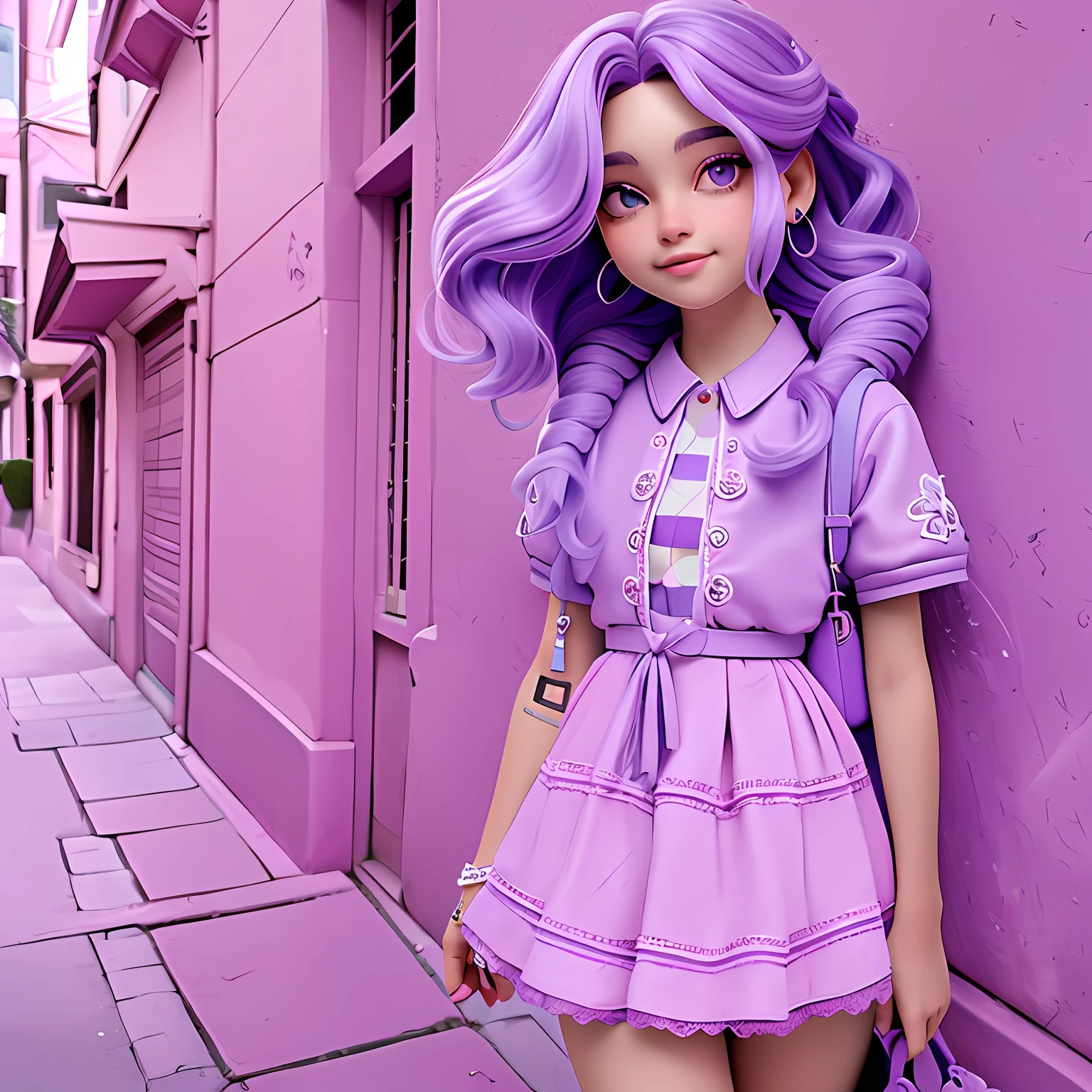 uma ****** jovem, Seu cabelo esta solto, with delicate lace, purple lilac tone with light pink locks, roupas leves, mochila, fone de ouvido, dread's roxo escuro, corpo inteiro, The background is filled with a pastel shade, evoking a sense of lightness and happiness.